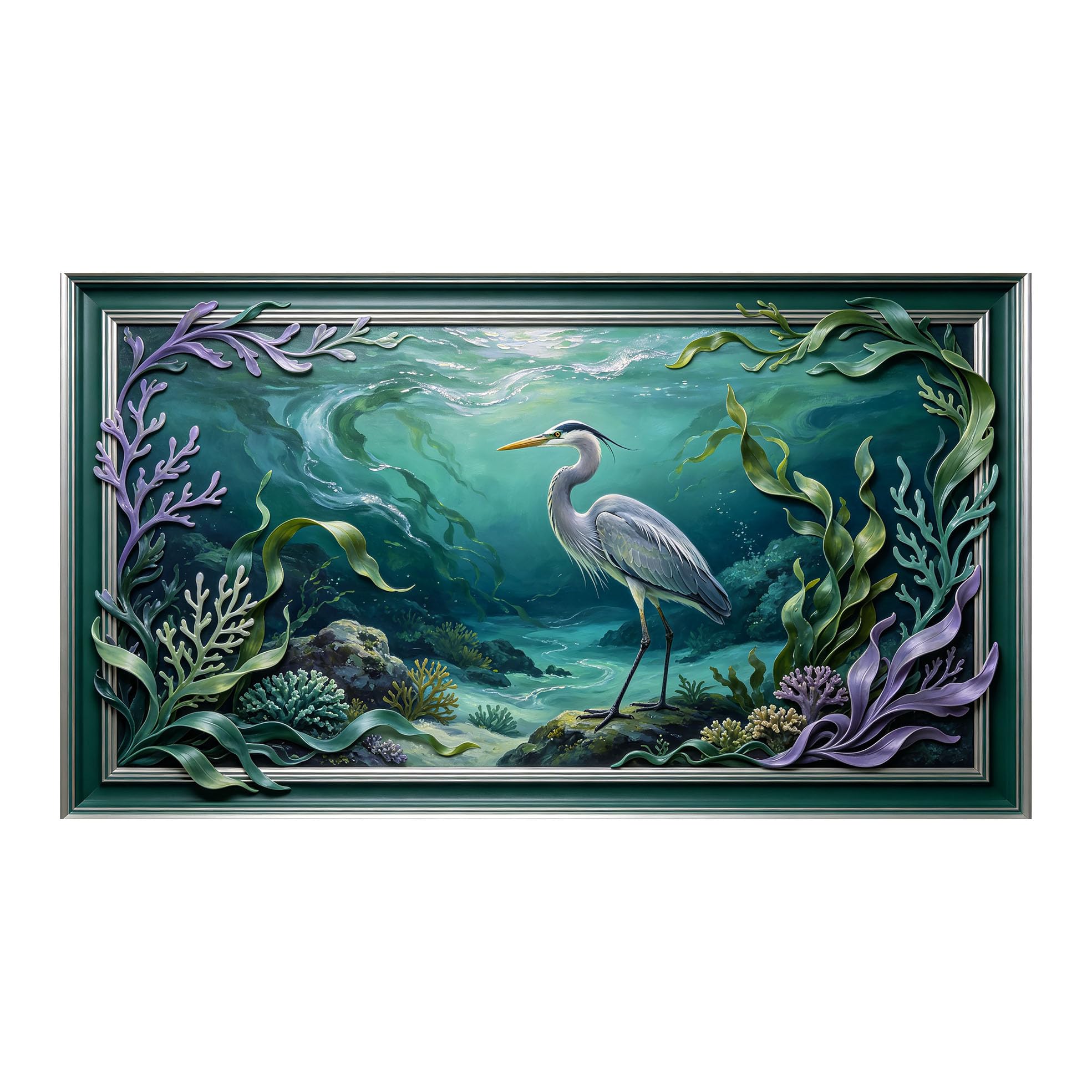 Yzpallescene 3D 3D Framed Wall Art 50cm×90cm Ocean Seascape Watercolor Coastal Heron Large Size SelfAdhesive Removable Wall Decor Prints Artwork for Living Room Bedroom Office