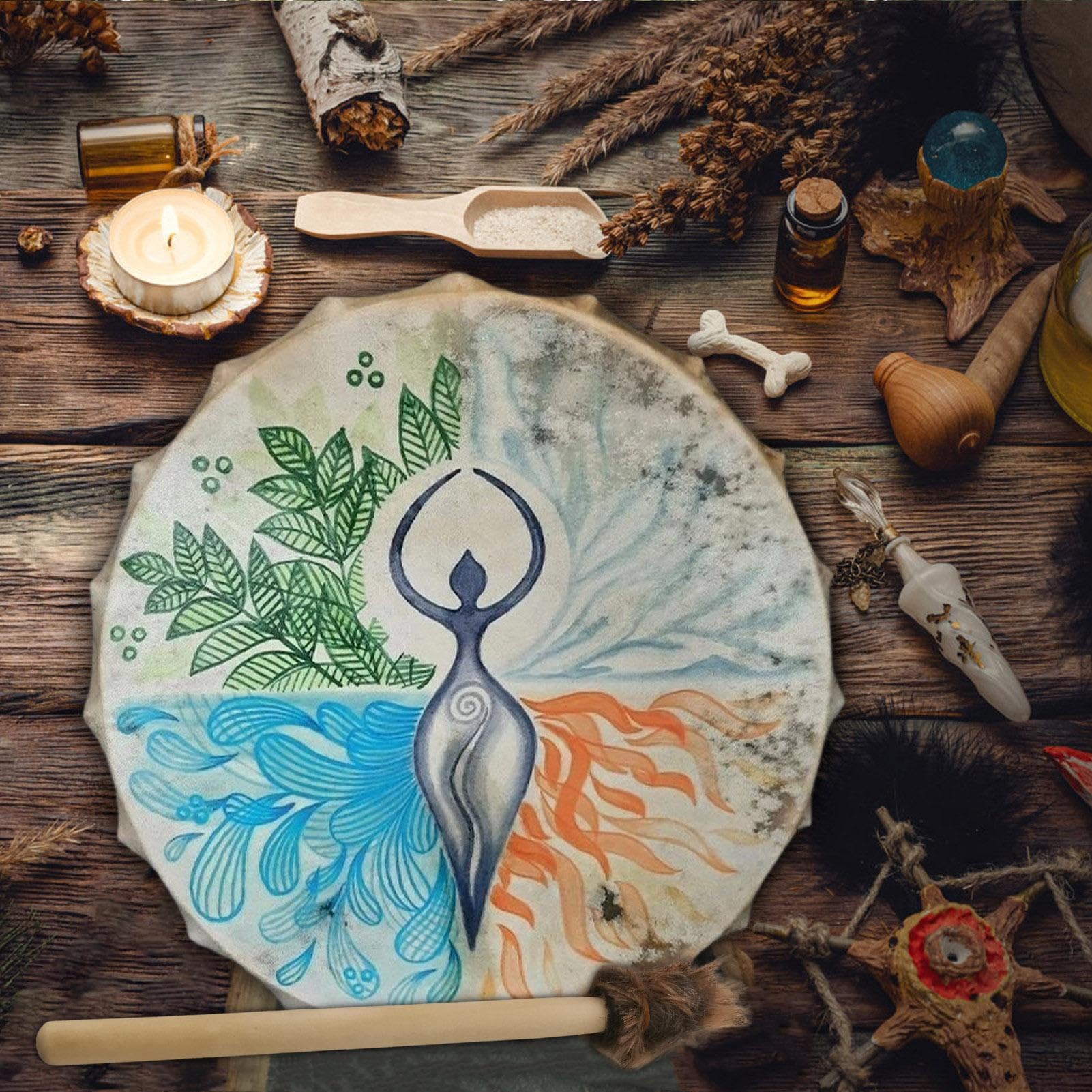 Schamanentrommel mit Drumstick, Göttin, spirituelle Musik, Baum-des-Lebens-Dekoration, handgefertigt, schamanische Trommel, Symbol der sibirischen Trommelgeist-Musik für Zuhause, 25 x 5 cm