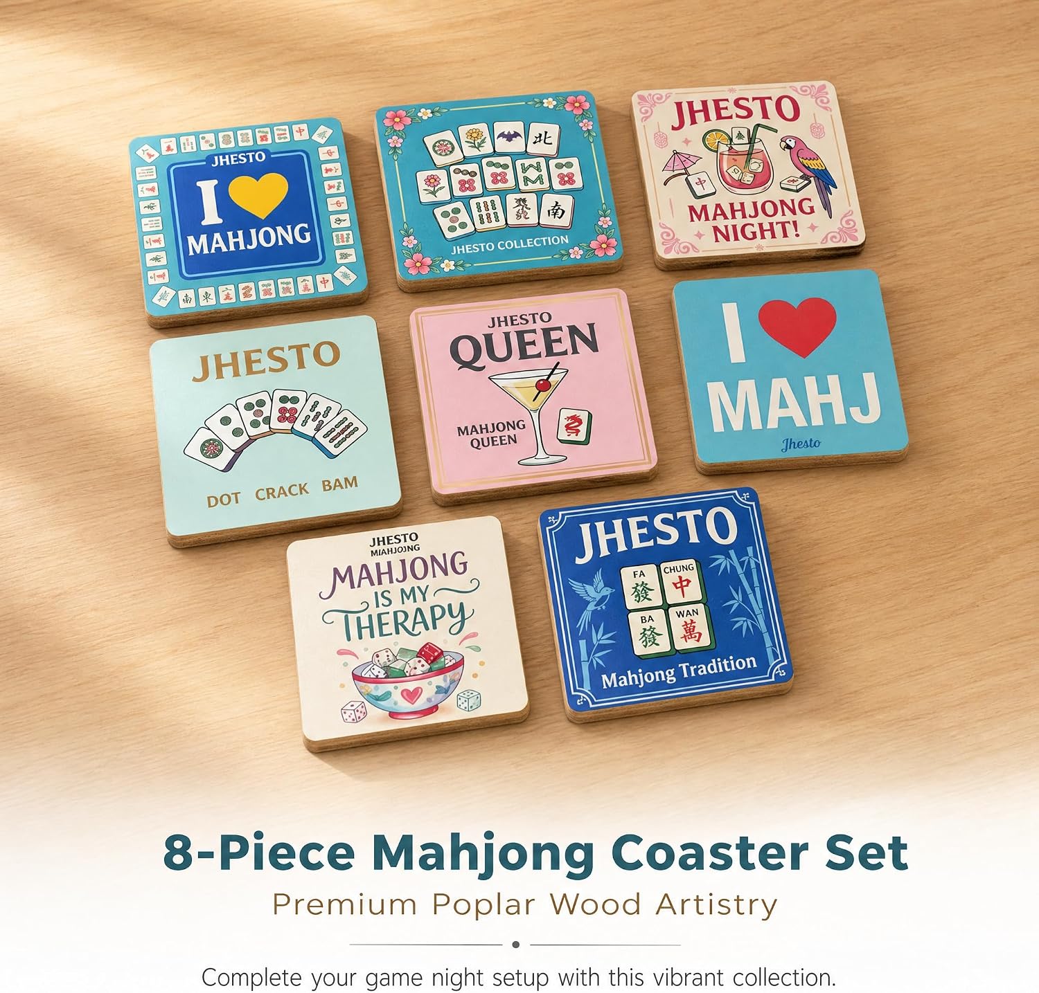 8 Pack Mahjong Coasters, 3.94" Poplar Wood Drink Coasters, Mahjong Mat & Accessories Gifts for Mahjong Lovers, Heat Resistant Table Protectors for Game Night Party Supplies(Square) image 4