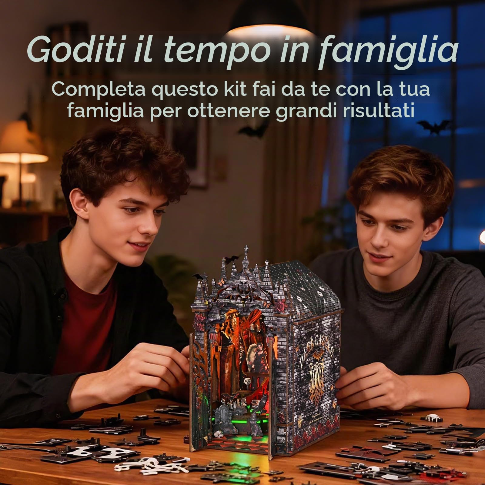 Book Nook Kit In stile gotico- Miniature del Dark Castle, puzzle in legno 3D fai da te con LED-Case delle Bambole, set fai da te per adulti, Idea Regalo Creativa, decorazione per libreria