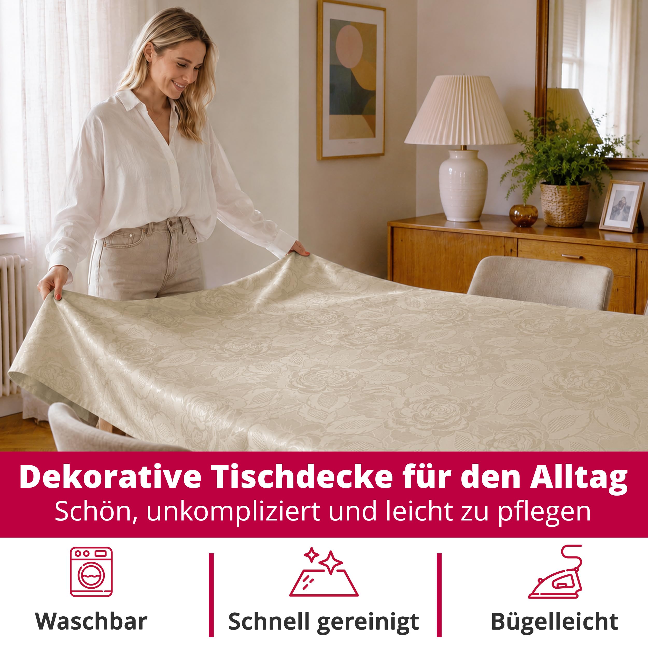 DecoHomeTextil Retro Tischdecke Rosalia mit feinem Rosenmuster – Für eine warme, Elegante Tischatmosphäre, Rechteckig 160 x 320 cm Champagner, der Klassiker