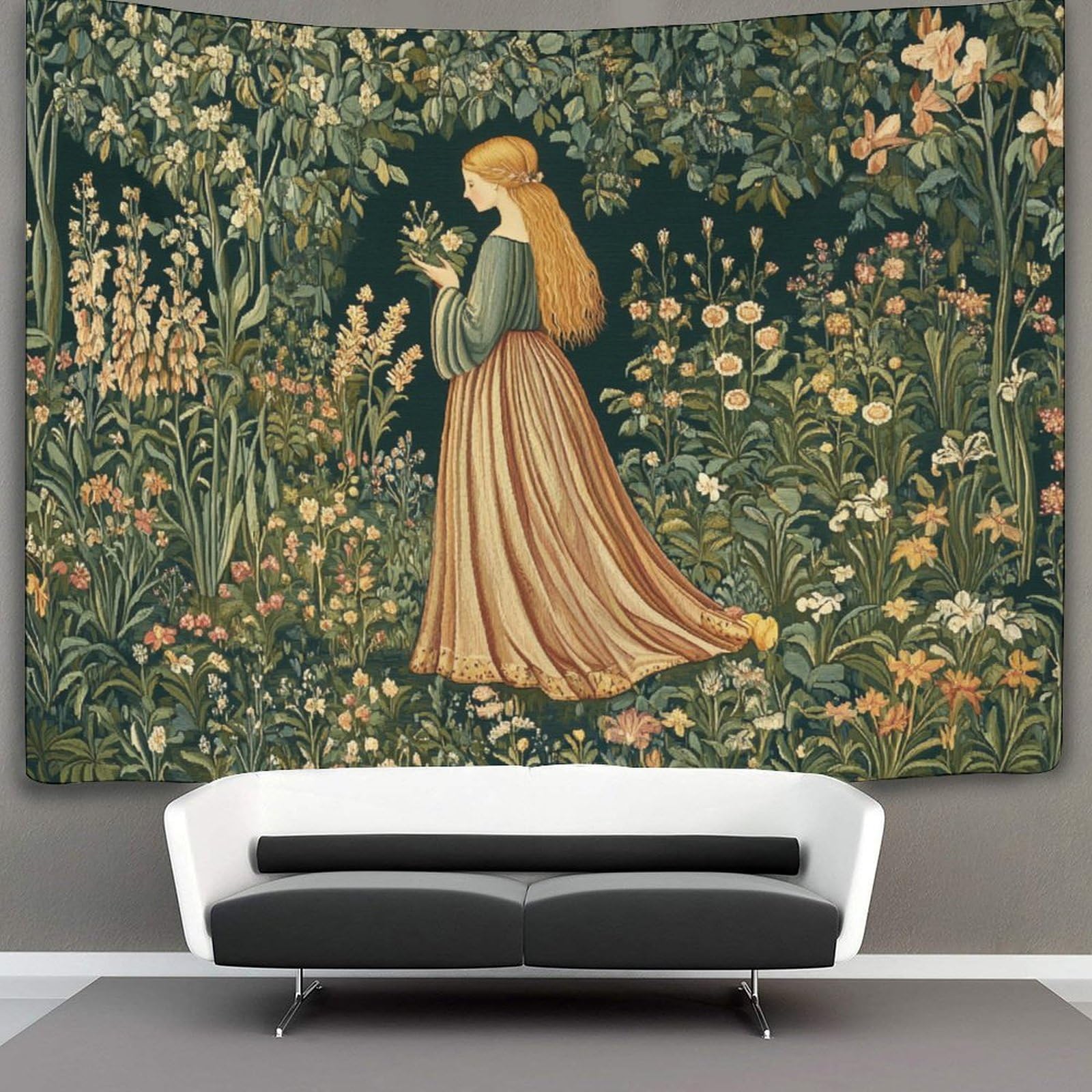 Kaiyun Style-8 Medieval Woman Tapestry Dark Green Garden With Grass And Flowers Tapestries 3D Wall Hanging Home Decorations For Room 180Cmx230cm