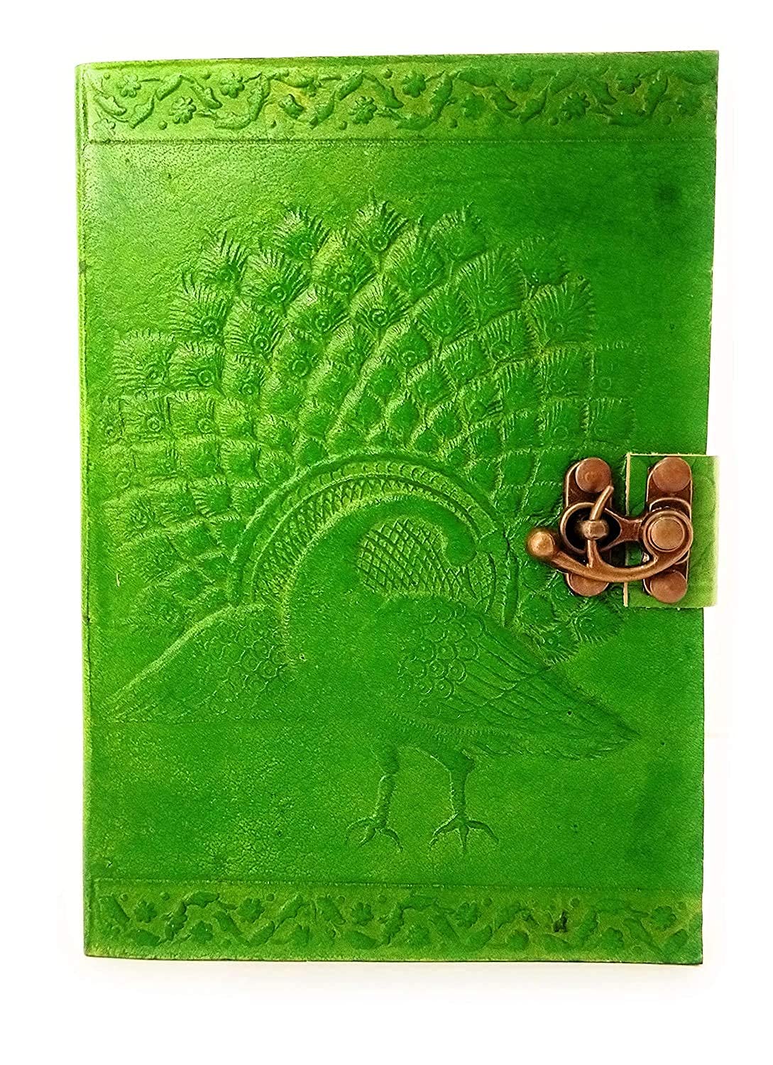 Jagannath Handicraft Leather Journal Vintage Hand Embossed Leather Indian Leather Arts Leather Journal Diary with Lock n Key, 7 x 5-inch (Green)