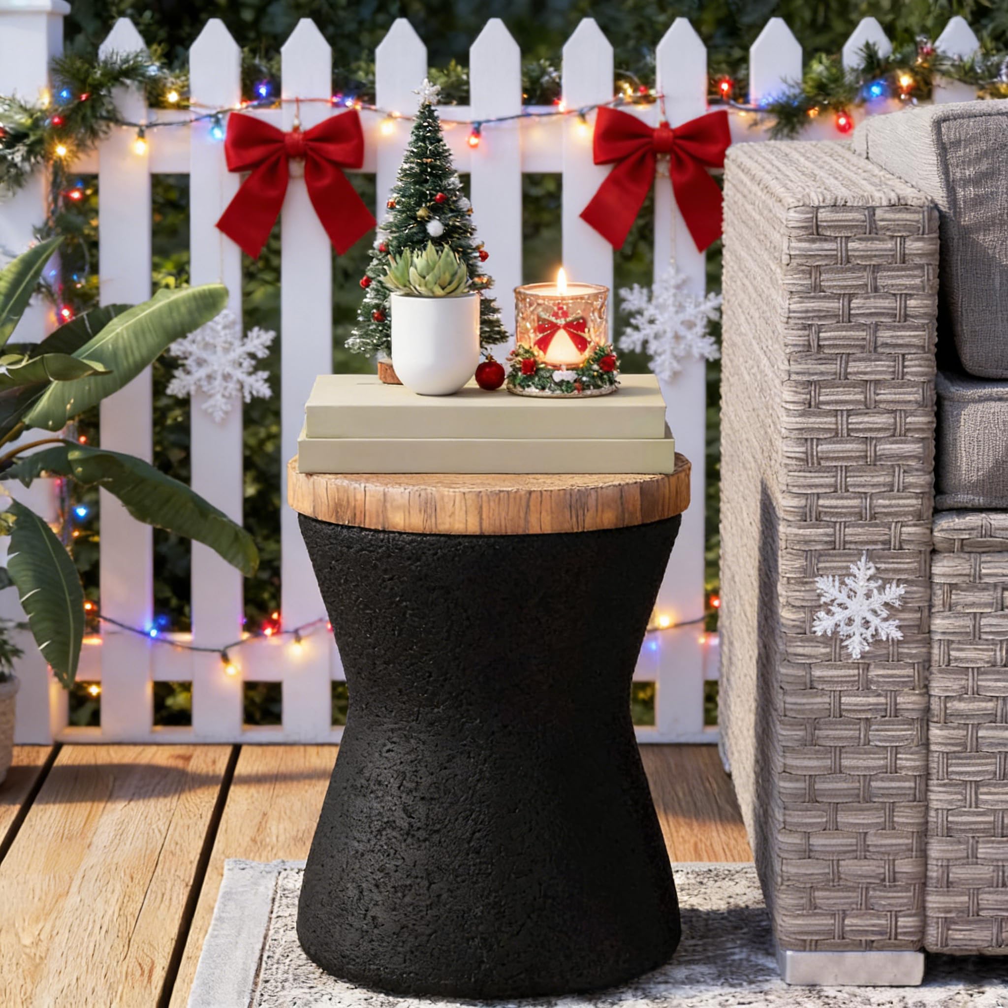 COSIEST Outdoor End Table, Drum Side Table Faux-Wood Top, Black Base with Tree Trunk Slice Hand Painted, Accent Stool, Plant Stand (Hourglass)