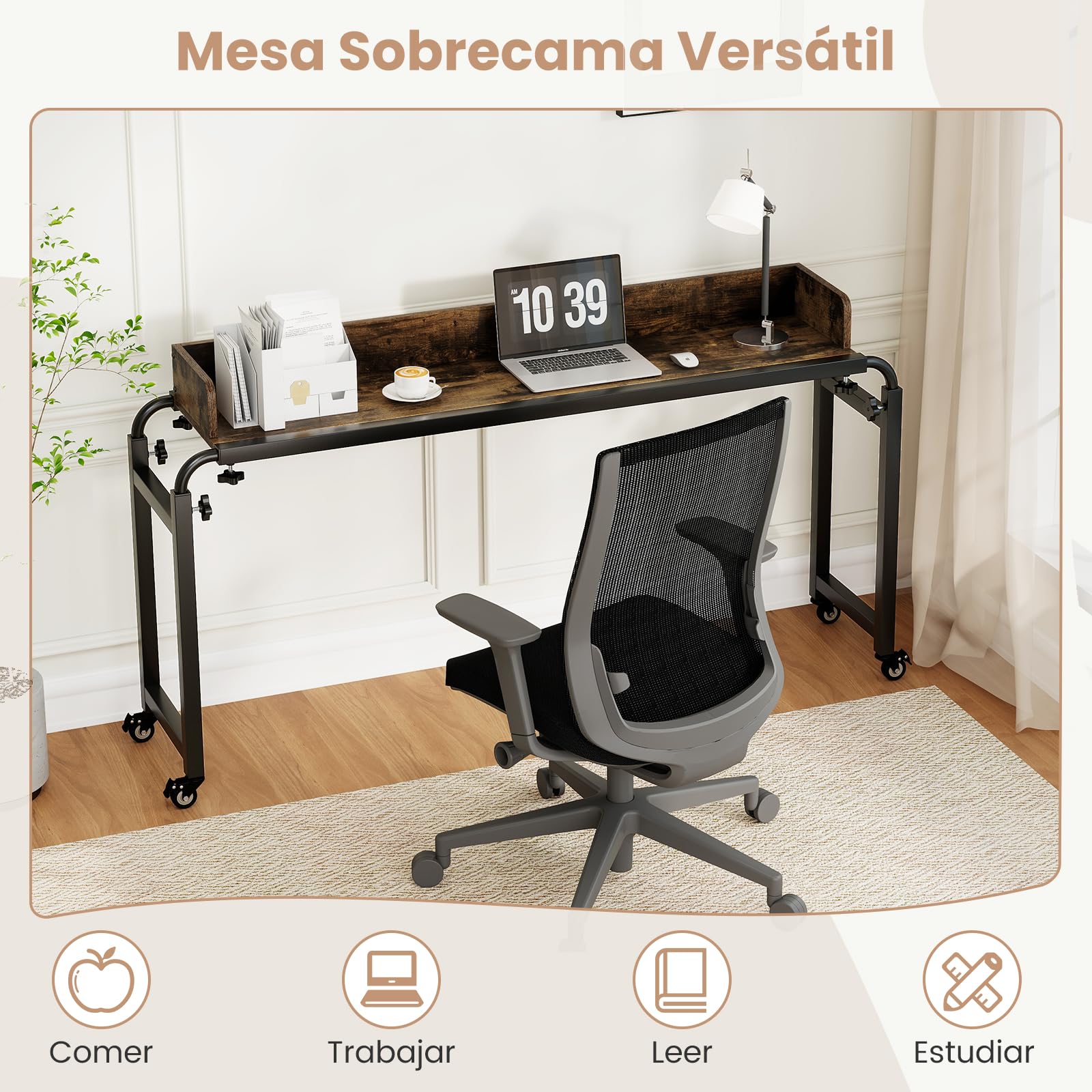 GIANTEX Mesa de Sobrecama con 4 Ruedas, Escritorio Auxiliar con Altura y Ancho Ajustables, Tablero con Borde Anticaído, Estilo Industrial, Mesa Bandeja para Dormitorio, Salón
