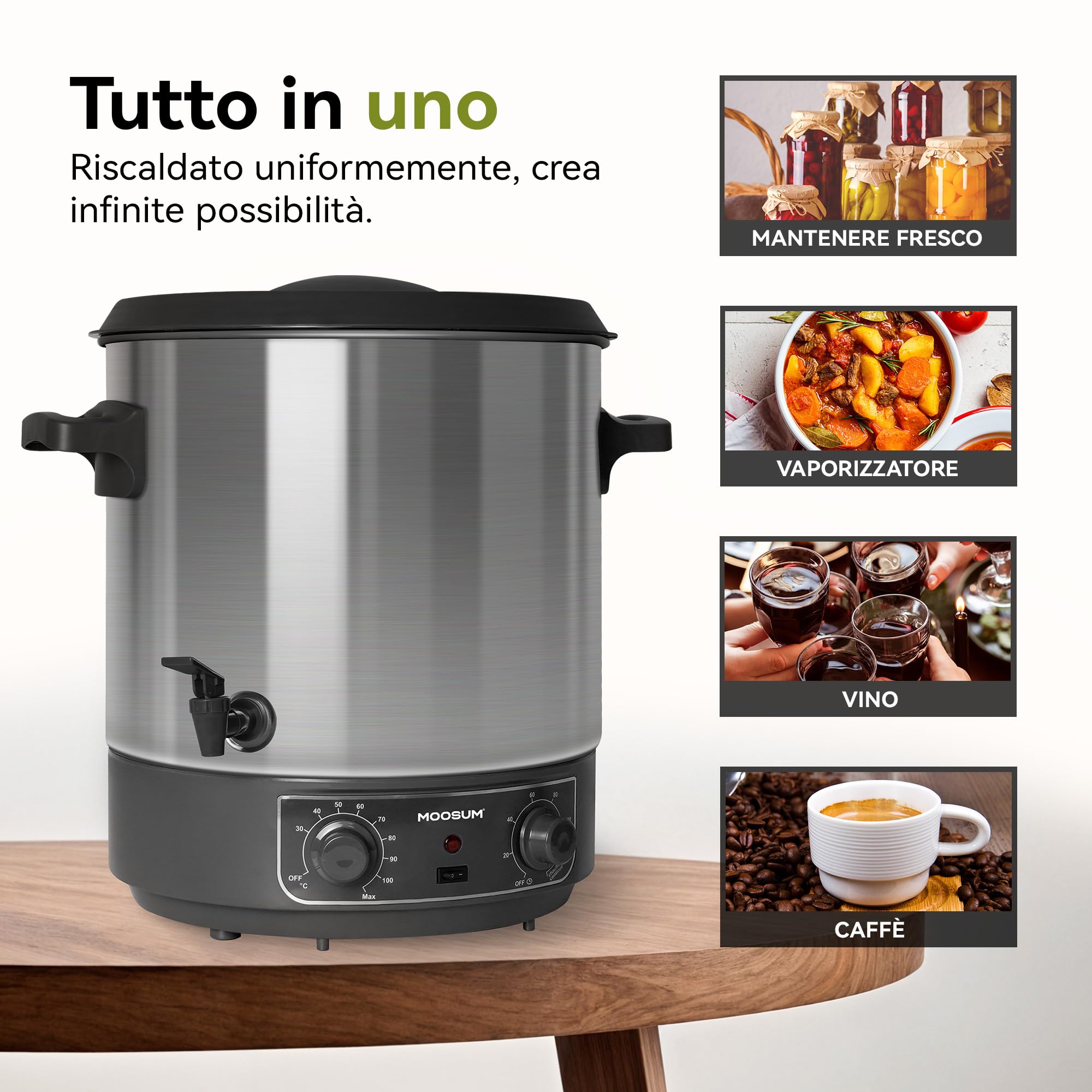 Pastorizzatore, Dispenser per Bevande Calde, 27 L, 1800 Watt, 30-100 °C, Timer, Funzione Mantenimento Calore, Protezione Ssurriscaldamento