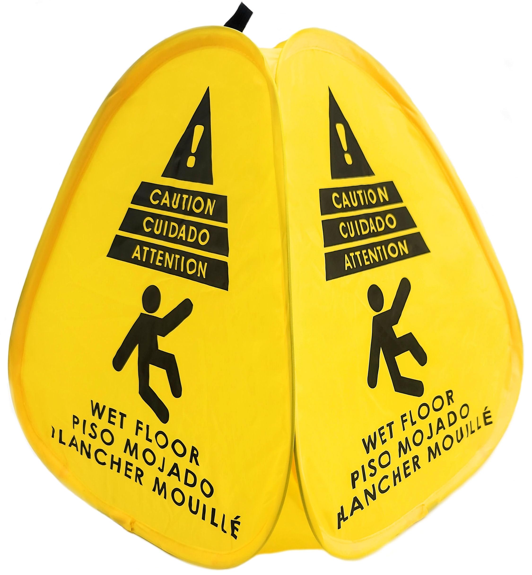 Kraken Sign Co - Señal emergente amarilla bilingüe de 4 lados bilingüe inglés/español/francés, advertencia emergente de precaución para suelo húmedo, 40.6 cm para restaurante, seguridad comercial e