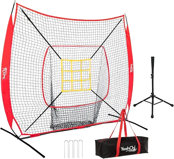 YeahChi 7×7FT Baseball Net with Batting Tee and Strike Zone Target, Portable Hitting Pitching Batting Training Net, Baseball and Softball Training Equipment,Suitable for All Skilled Levels
