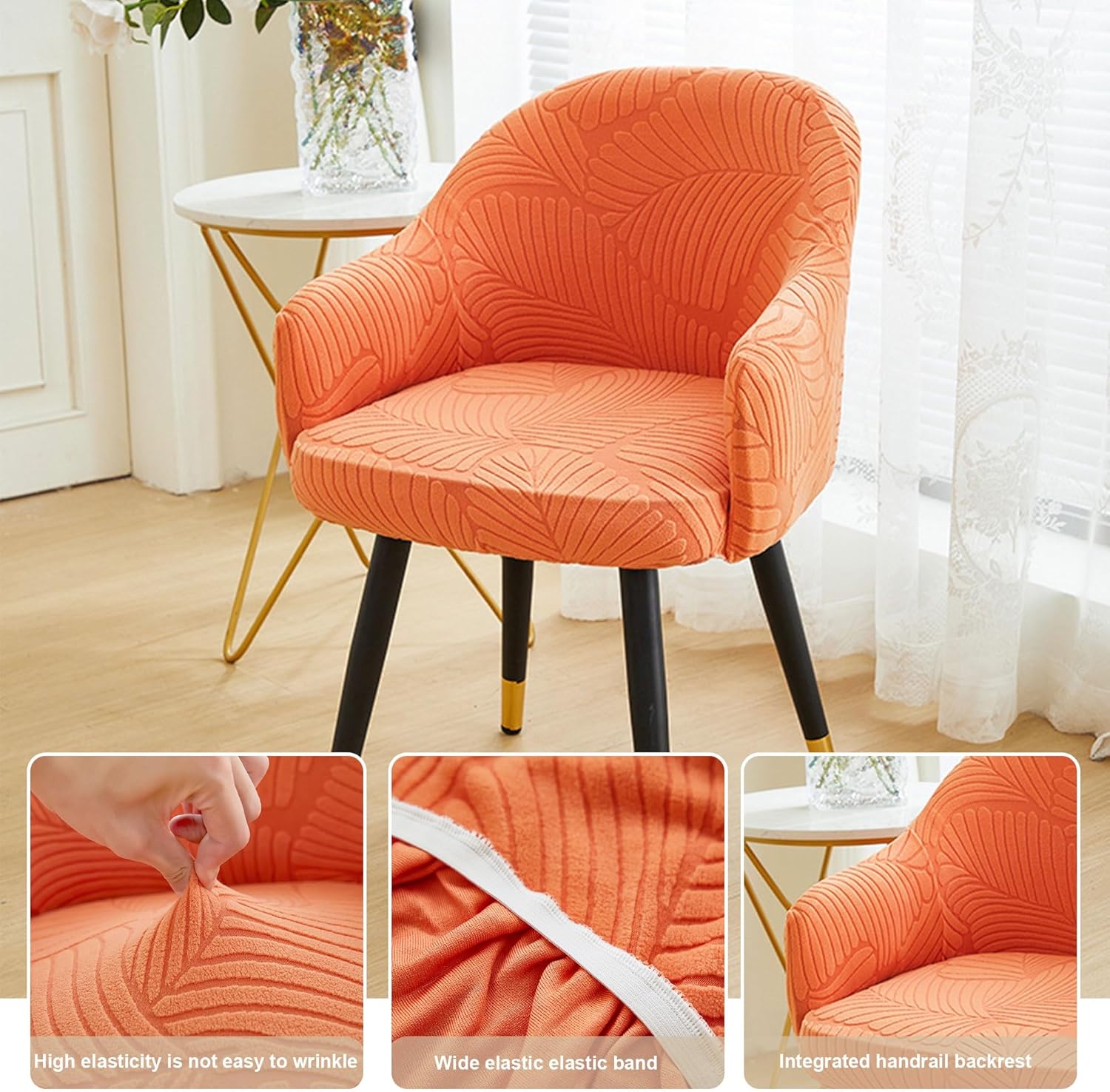 Stretch Curved Back Dining Chair Covers with Armrest, Accent Dining Room Chairs Covers Slipcovers with Arms, Removable Office Desk Chair Protector Covers for Vanity Living Room Bedroom(Water blue,6PCS