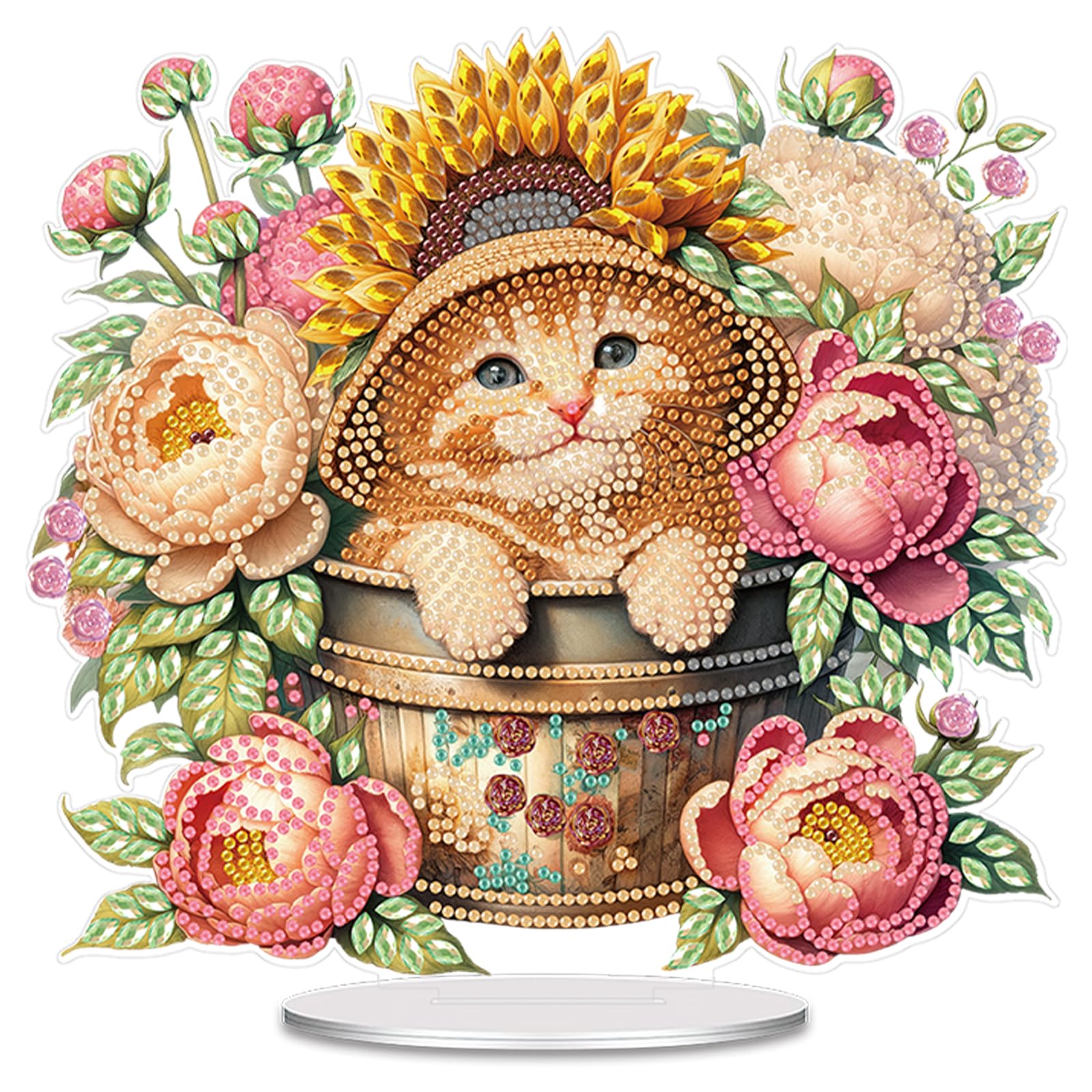 5D Diamond Art Kits for Adults, DIY Tabletop Ornament with Special Shaped Rhinestone, Diamond Dot Desktop Decor, Stand Up Gem Painting Fun Craft Gift for Beginners(Cats and Flowers)