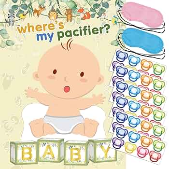 Gioco Pin The Pacifier On The Baby - Poster Baby Shower Rosa, 48 Adesivi Ciuccio, Per Feste Bambini E Compleanni