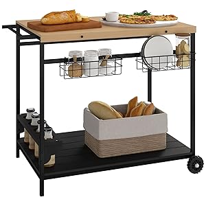 Outsunny Camarera con Ruedas de Madera Carro de Servicio con 2 Estantes 2 Cestas Metálicas y Soportes para Botellas para Jardín Terraza Patio 97,5x65x81 cm Natural y Negro