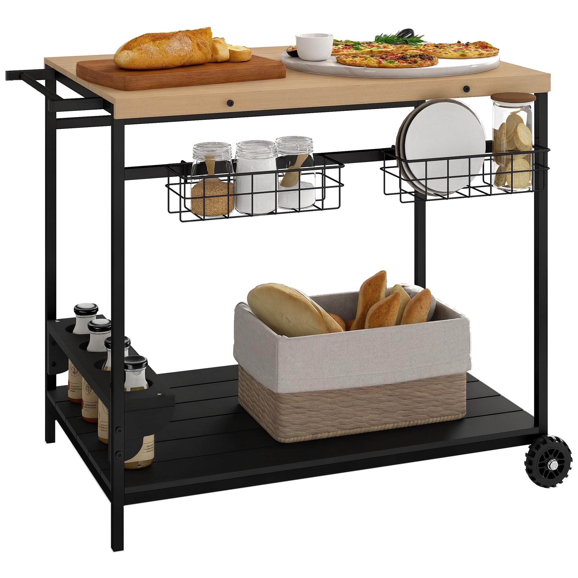 Outsunny Camarera con Ruedas de Madera Carro de Servicio con 2 Estantes 2 Cestas Metálicas y Soportes para Botellas para Jardín Terraza Patio 97,5x65x81 cm Natural y Negro