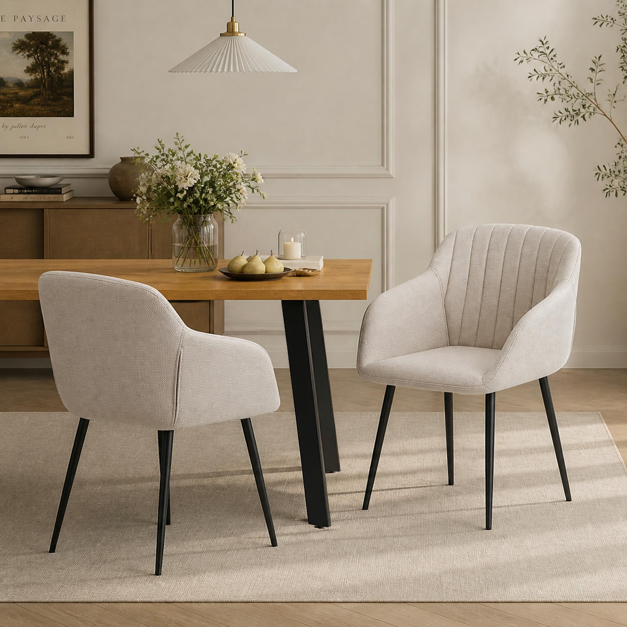 Essgruppe 7-Teilig, Esstisch 160x80cm mit 6 Stühlen, Moderner Küchentisch Set 6 Personen, Esszimmergruppe mit Beige Polsterstühlen in Leinen, Tischgruppe für Esszimmer und Wohnzimmer
