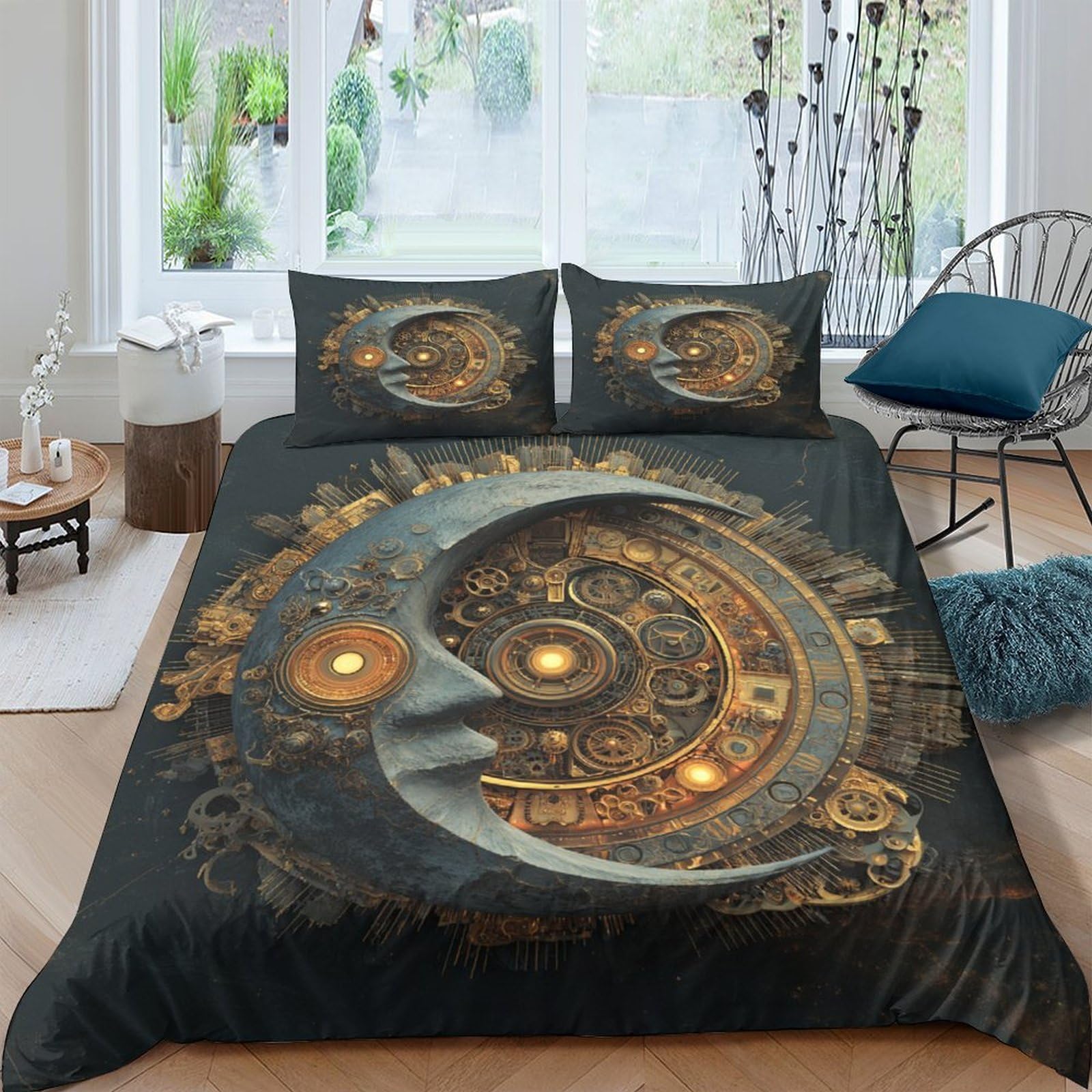 GPLZQXKJNH 3D Printed Steampunk Moon Duvet Cover Set Microfiber Soft Breathable Celestial Clock Bedding with 2 Pillowcases Single（135x200cm）