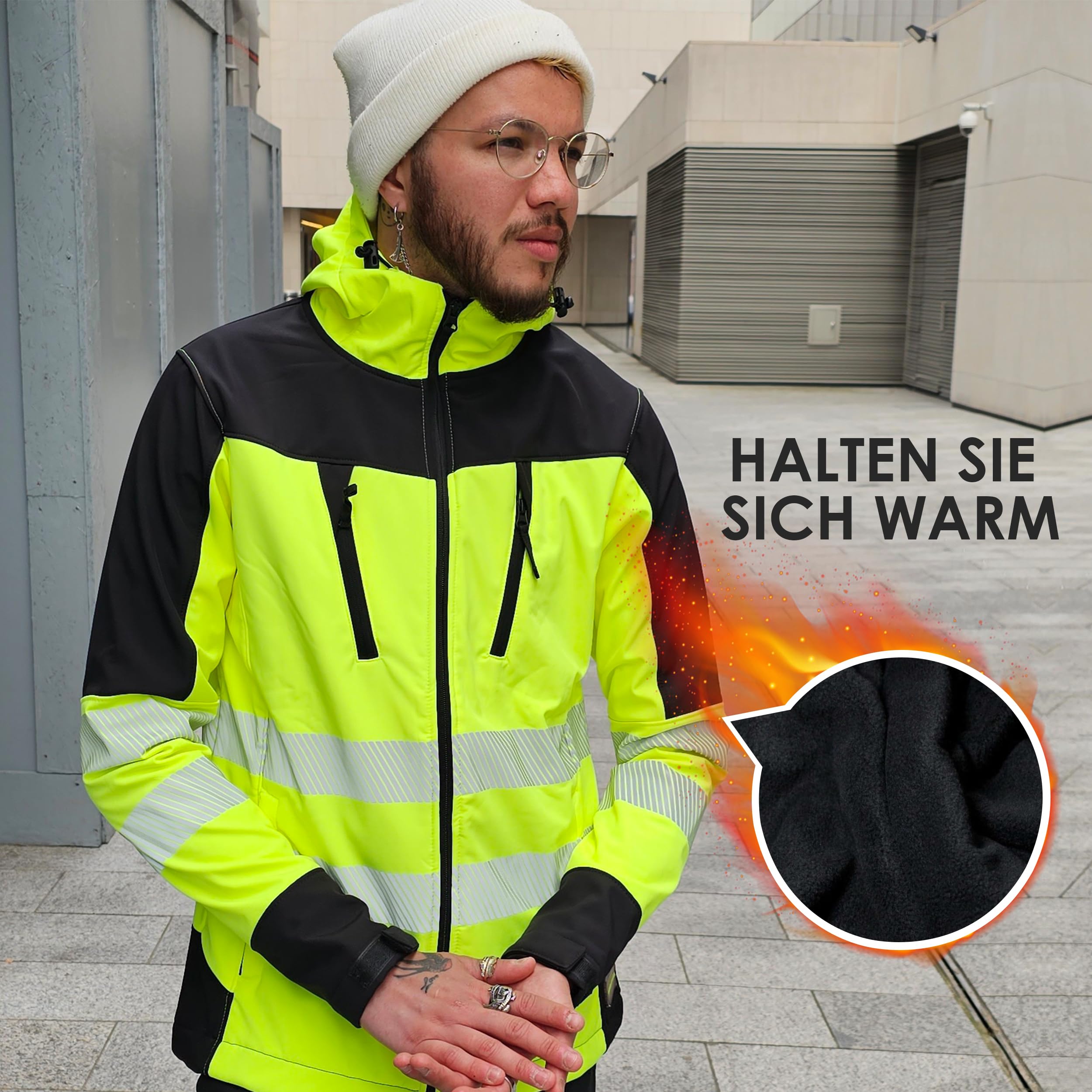 Giacca da lavoro da uomo ad alta visibilità, ad alta visibilità, ad alta visibilità, ad alta visibilità, con cappuccio, cappotto di sicurezza altamente visibile, giacca softshell, antivento,
