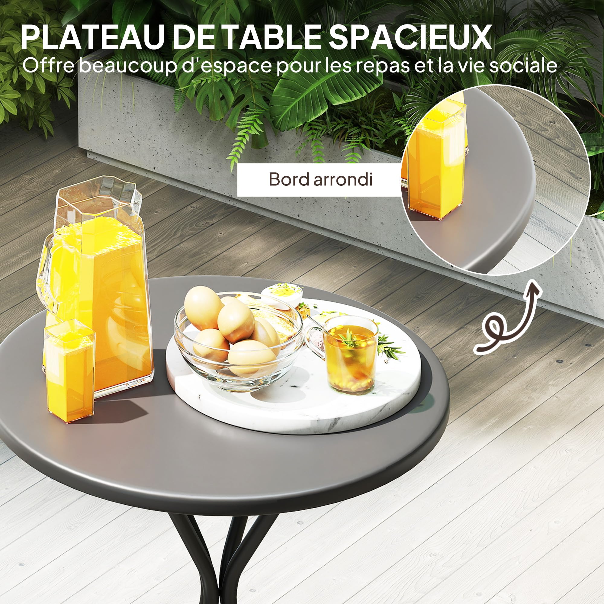 Outsunny Table de Jardin Ronde Ø 60 cm, Cadre en Acier, Charge 50 kg, Noir