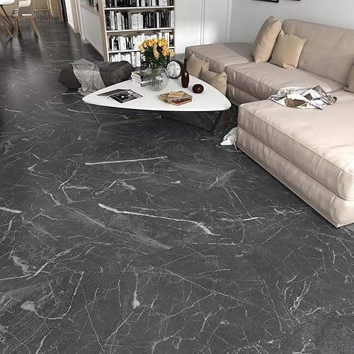 Miniatura 4 de WESTICK Azulejos de suelo de color negro claro para baño, azulejos de cocina para despegar y pegar, azulejos de mármol impermeables para dormitorio,