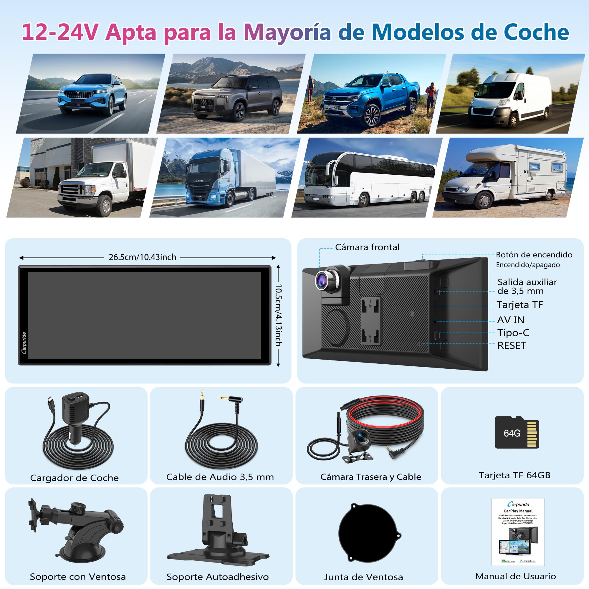 Carpuride Sistema Inalámbrico Portátil Carplay y Android Auto con Cám de Tablero - W125A Pantalla IPS HD de 11.26",Cám Frontal 4K + Cám Trasera 1080P,Grabación en Bucle,Audio Bluetooth,GPS,Siri,Música