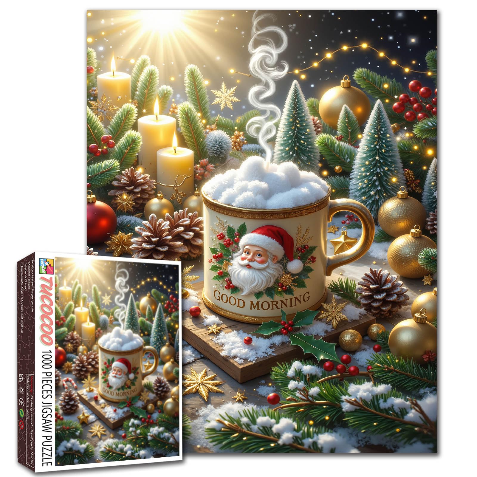 Merry Christmas 1000 Piece Jigsaw Puzzles for Adults Cup of Hot Chocolate Painting Jigsaw Puzzle Santa Claus/Christmas Father Puzzles 20''x27”inch Xmas Trees1000 Pieces Wall Decor Family Challenging