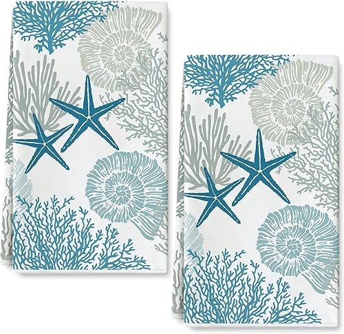 AnyDesign Toalla de cocina con temática oceánica playa concha estrella de mar coral toalla de té de criatura marina para cocinar hornear accesorios