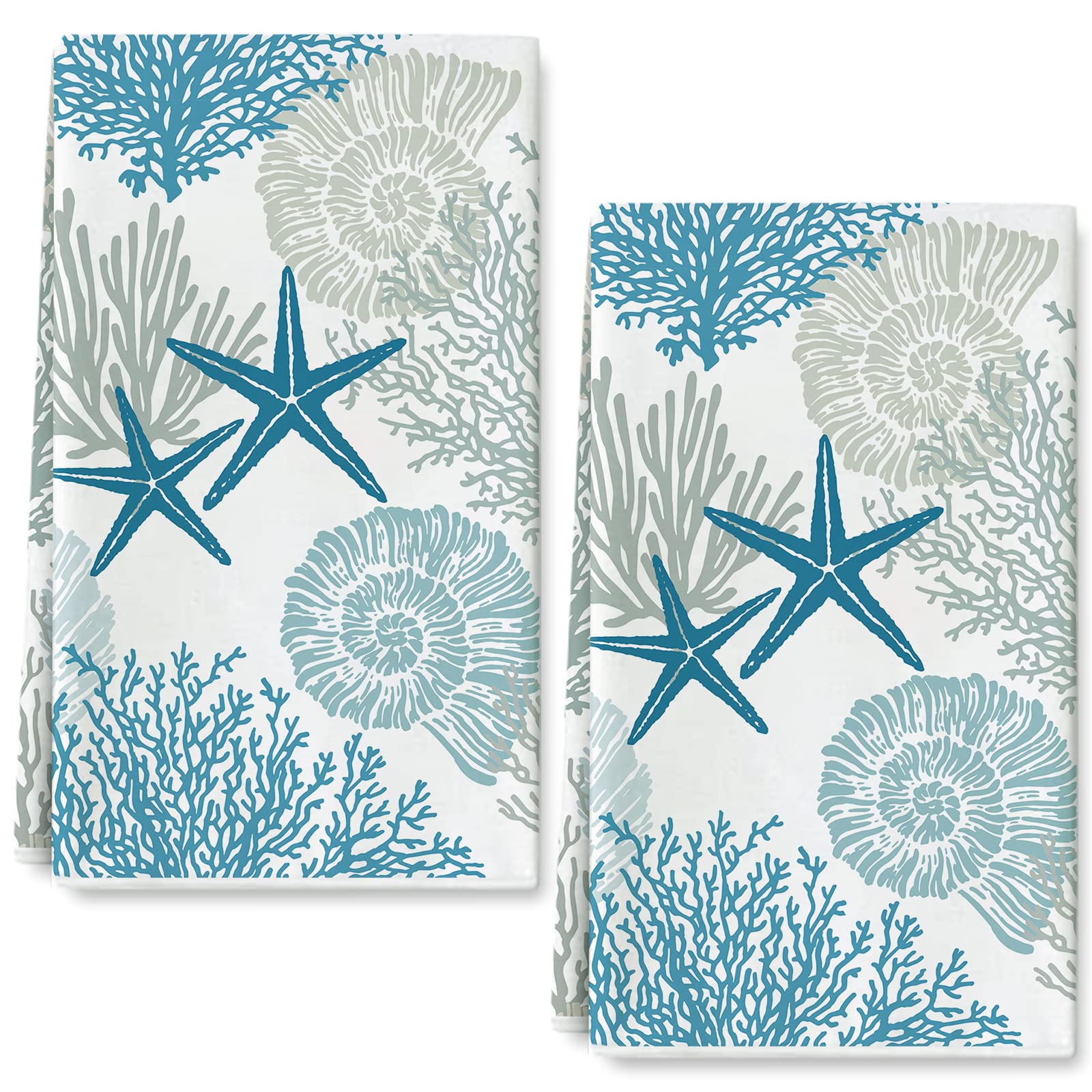 AnyDesign Ocean Theme Kitchen Dish Towel Beach Seashell Coral Starfish Hand Dying Towel Sea Creature Tea Towels for Cooking Baking Kitchen Accessories, Set of 2, 18 x 28 Inch