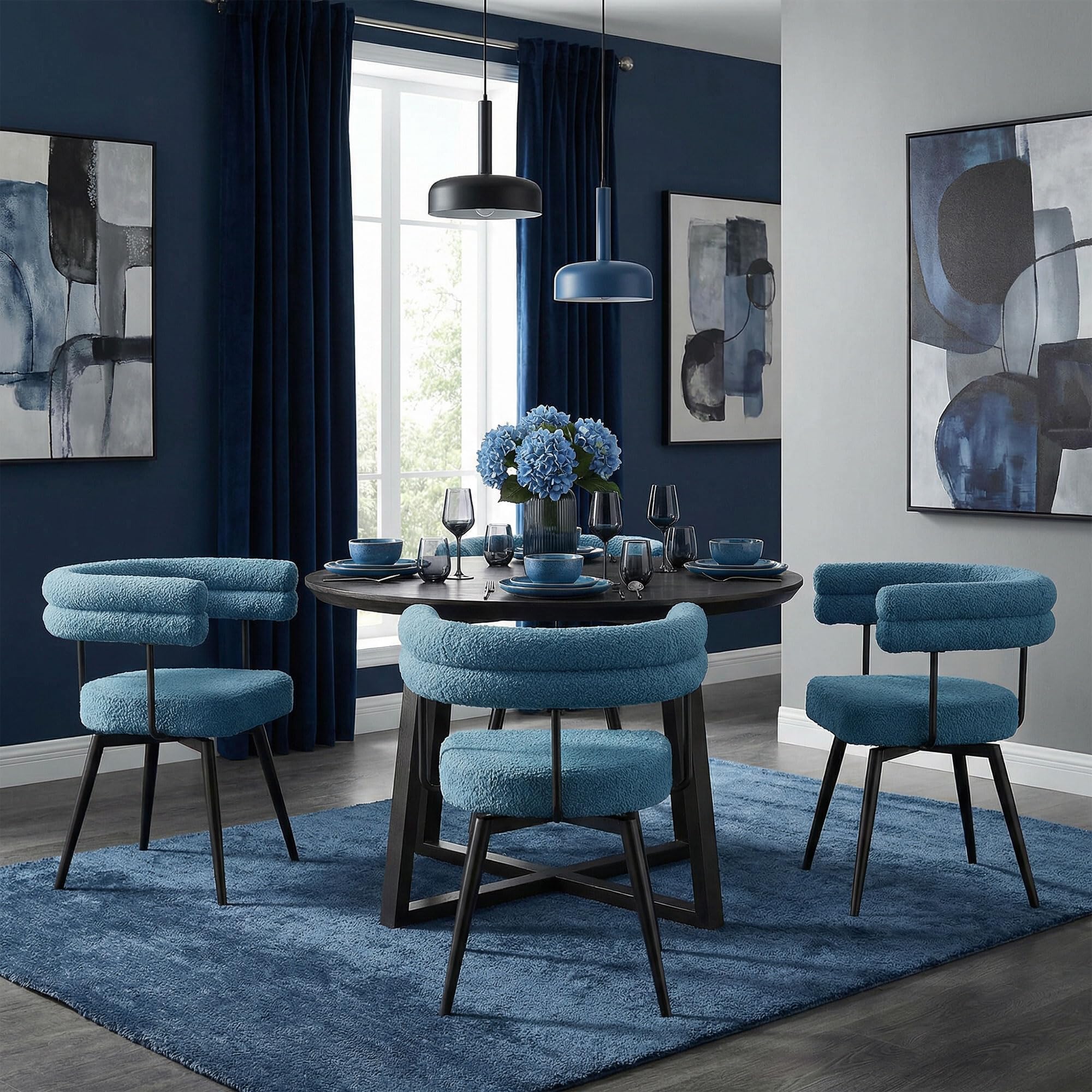 ML-Design Set di 4 Sedie da Sala da Pranzo Girevoli a 360° in Tessuto Teddy Blu, Poltrone da Soggiorno con Braccioli e Schienale Imbottito, Sedili Moderni Ergonomici con Gambe in Metallo per Ufficio