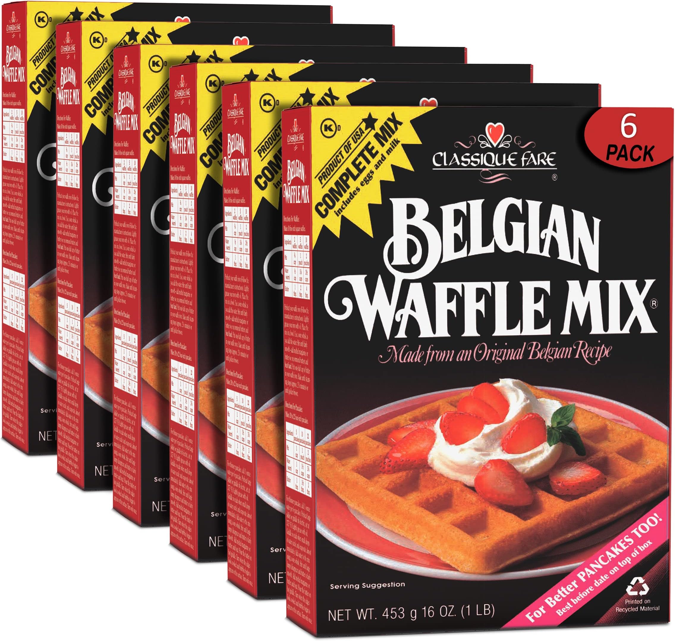 Classique Fare Belgian Waffle Mix - Makes Light and Crisp Waffles, Pancakes, Muffins and Crepes - Works with Griddle Maker - Fast and Fresh Breakfast Foods - 1 Pound (Pack of 6)