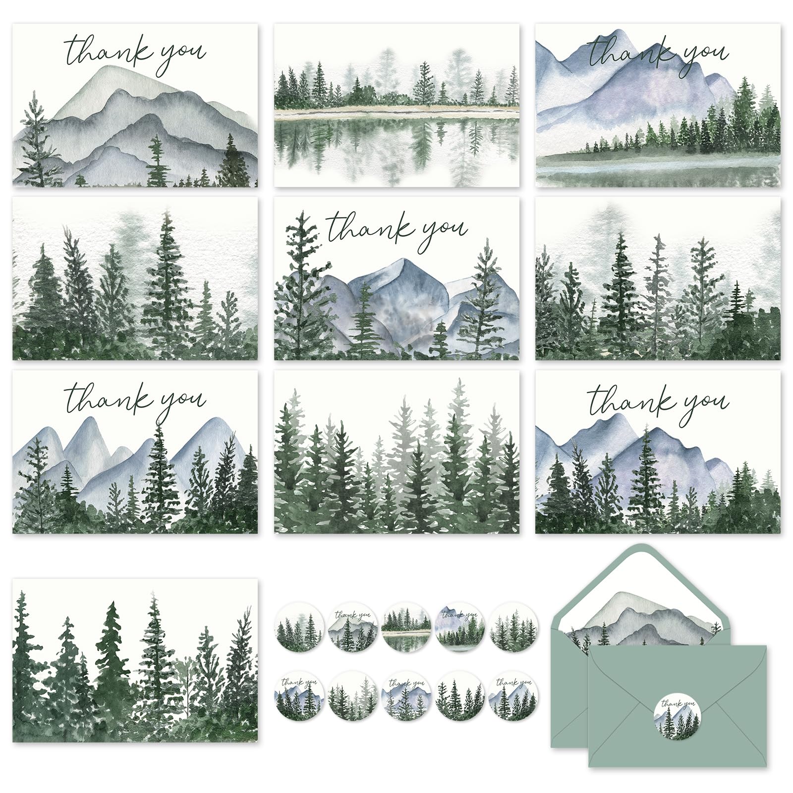 Whaline Lot de 100 cartes de remerciement à l'aquarelle avec enveloppes et autocollants, 10 motifs vierges pour invitations de fête, 10 x 15 cm