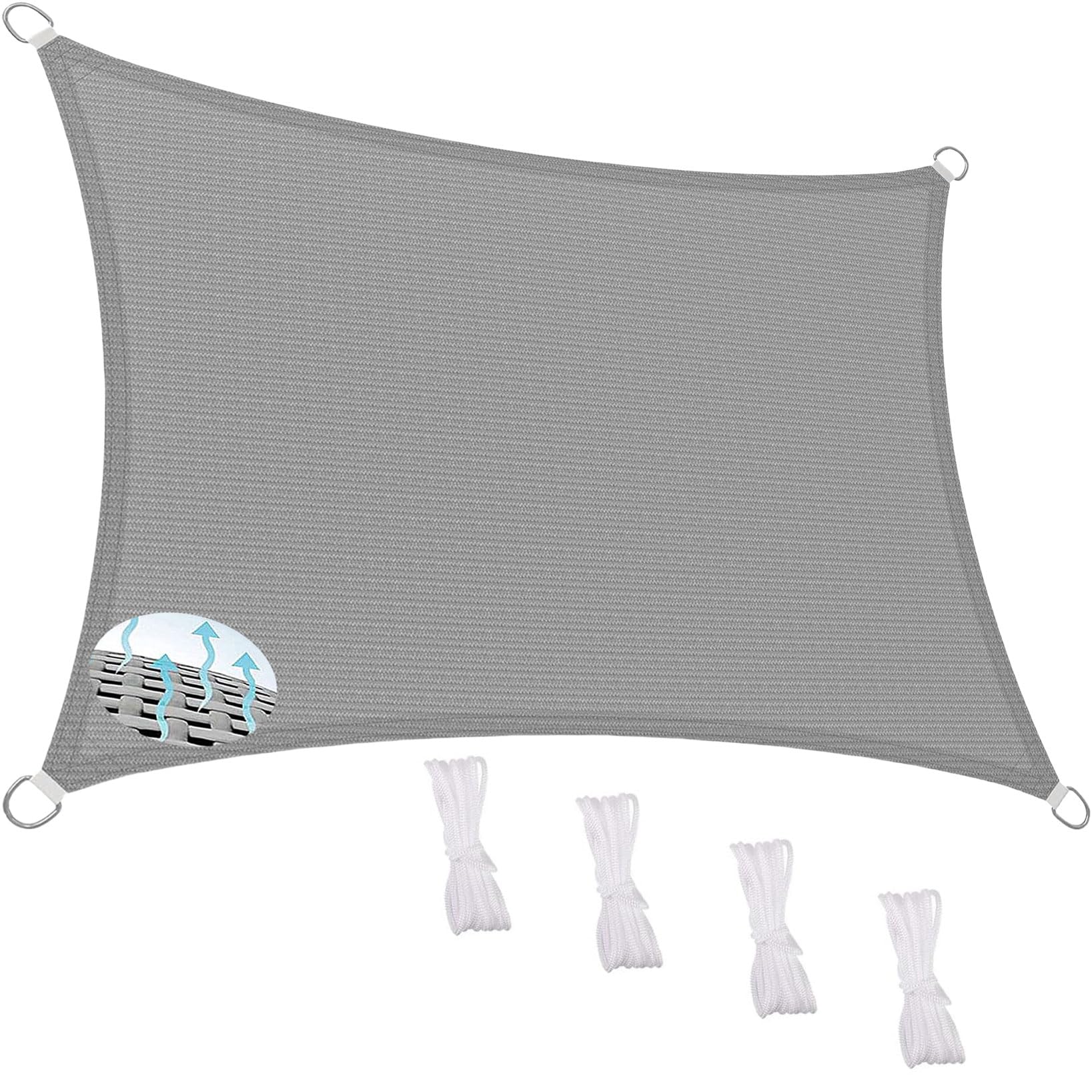 Prostokątny żagiel przeciwsłoneczny, 160 x 350 cm, 95% ochrona przed promieniowaniem UV, oddychający, HDPE, wiatroszczelny, konfigurowalny, do użytku na zewnątrz, do patio i ogrodu, jasnoszary