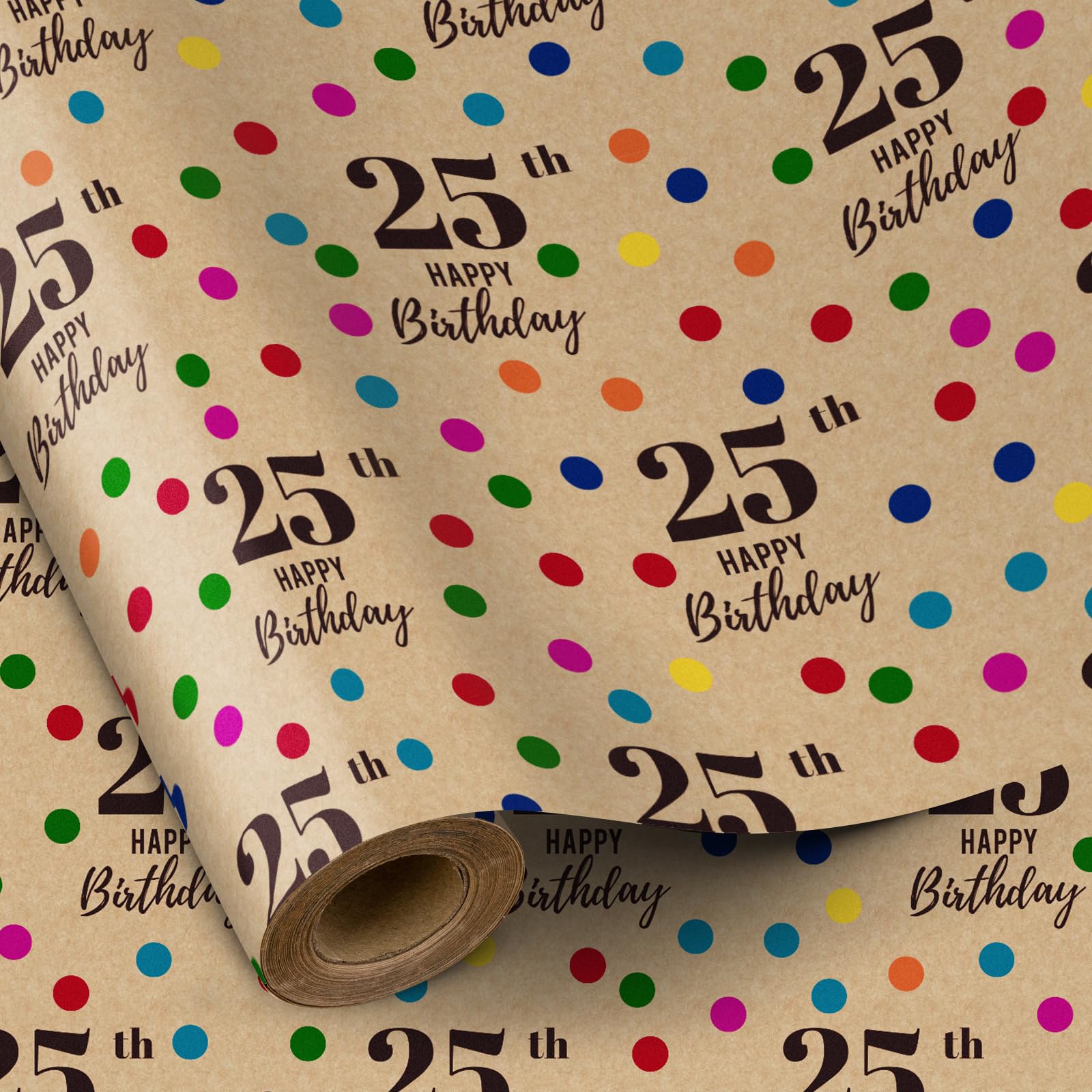RUSPEPA 25th Wrapping Paper - Mini Roll, 17 Inches x 16.4 Feet, Kraft Paper Colorful Dots and 25th Happy Birthday Design for Boys, Girls, Party, 25