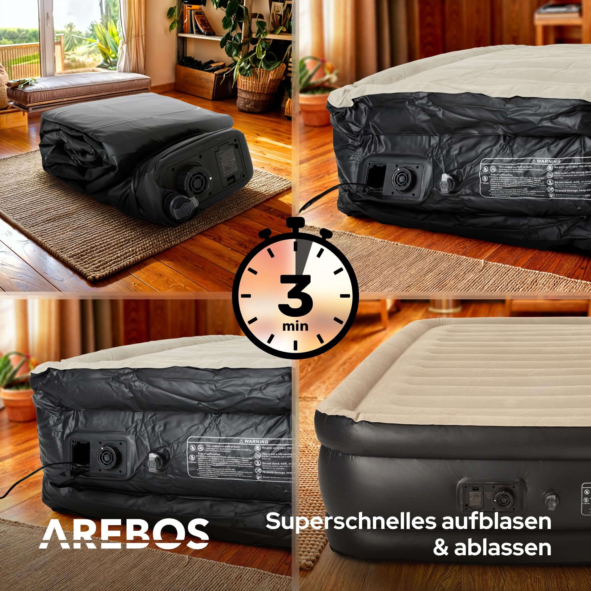 Arebos Aufblasbares Luftbett 203x152x51 cm für 2 Personen, integrierte Elektropumpe, selbstaufblasende Luftmatratze als Gästebett oder Campingbett Grau/Anthrazit