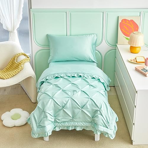 Miniatura 8 de Juego de ropa de cama plisada de 4 piezas con flecos de volantes juego de sábanas unisex de color morado sólido para niños y niñas incluye edredón