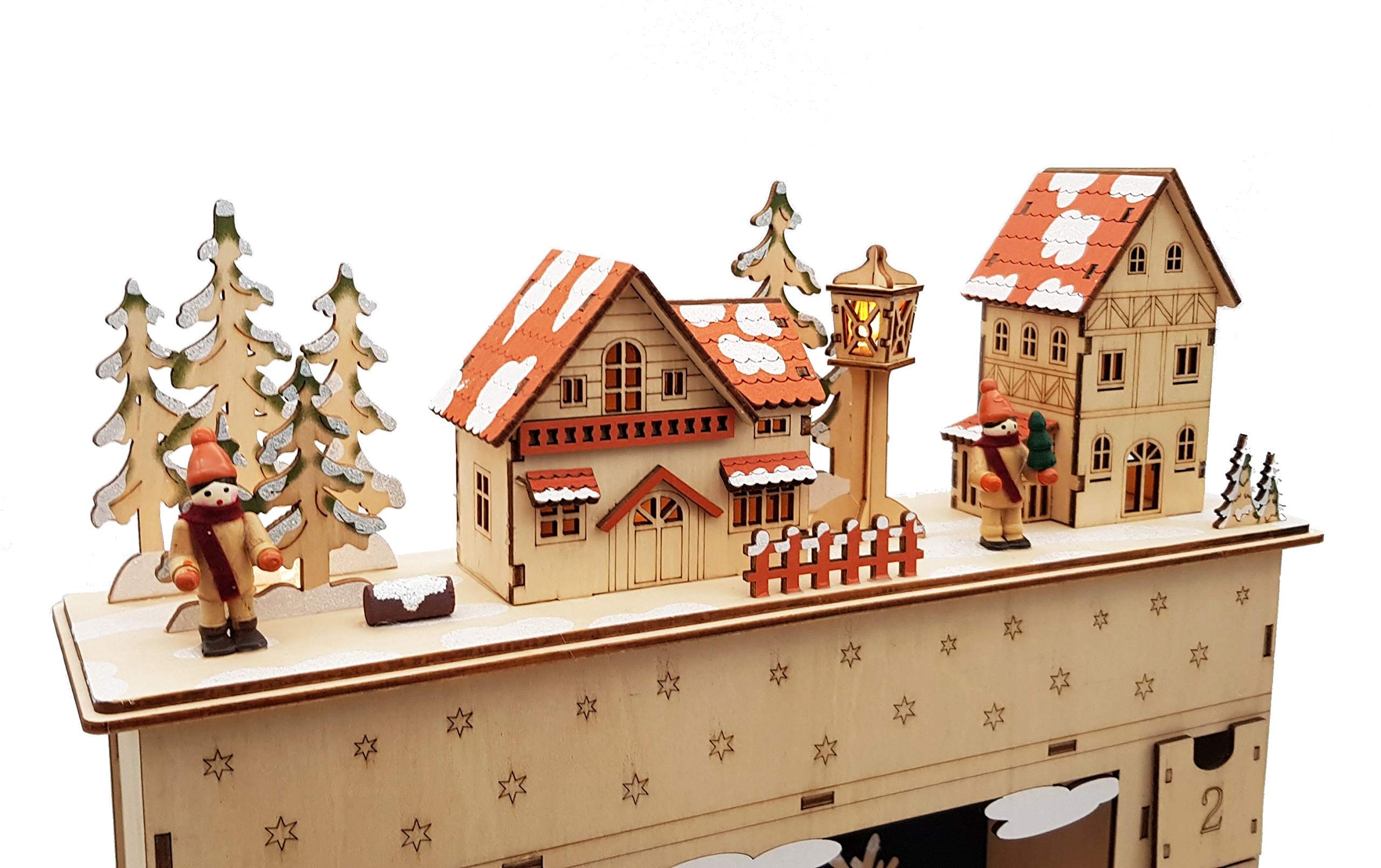 Wichtelstube-Kollektion Adventskalender 2025 zum Befüllen, Adventskalender Holz mit Großen Schubladen, Handgefertigt aus Echtholz, LED Beleuchtung, Timer-Funktion, Batteriebetrieben, 3D Effekt