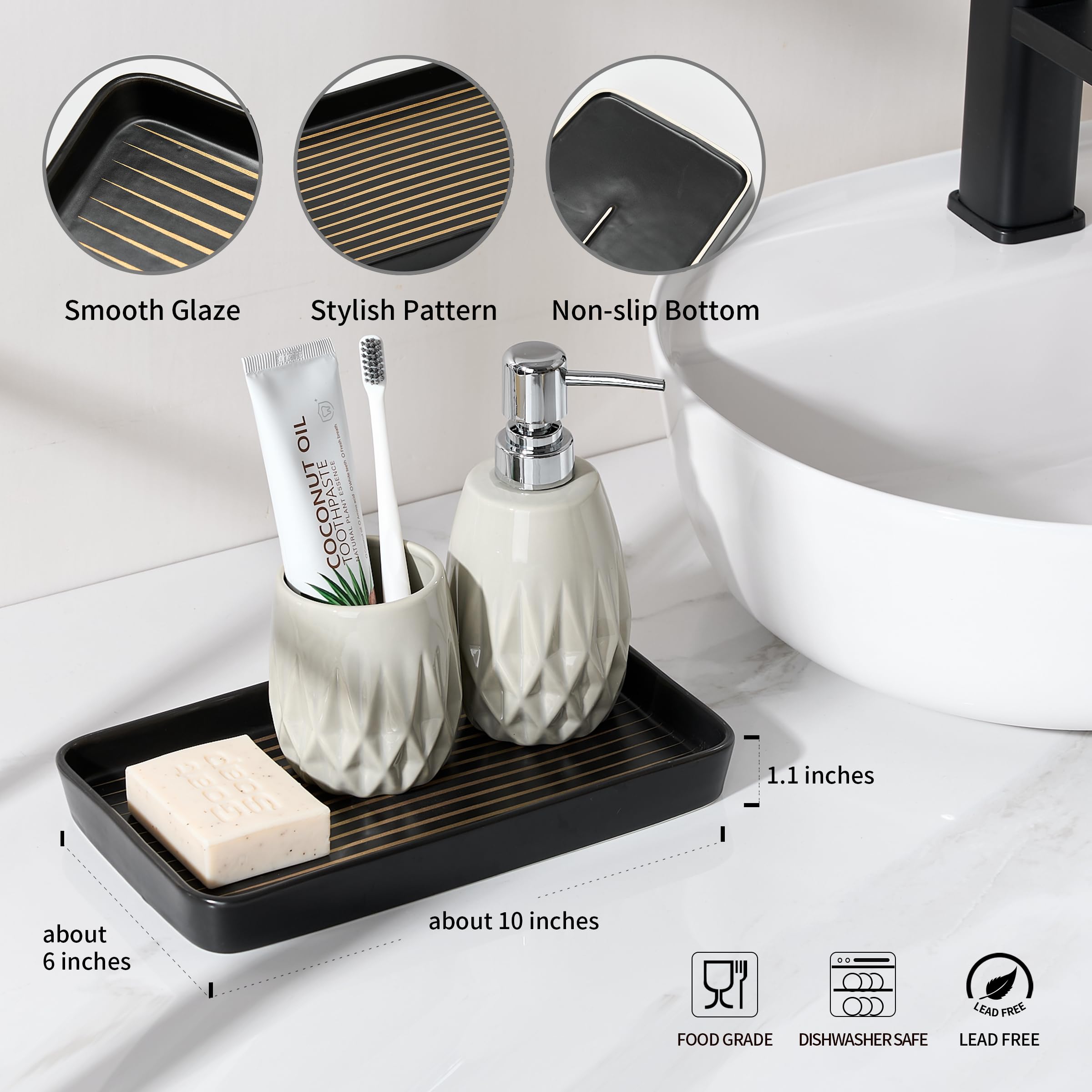 Pottify Bathroom Vanity Tray for Countertop,2PC Rectangle Striped Tray,Decorative Bathroom Organizer for Scrubber, Lotion Bottles, Perfume, Jewelry, Candle, Key Trinket Ring(Large,Black)