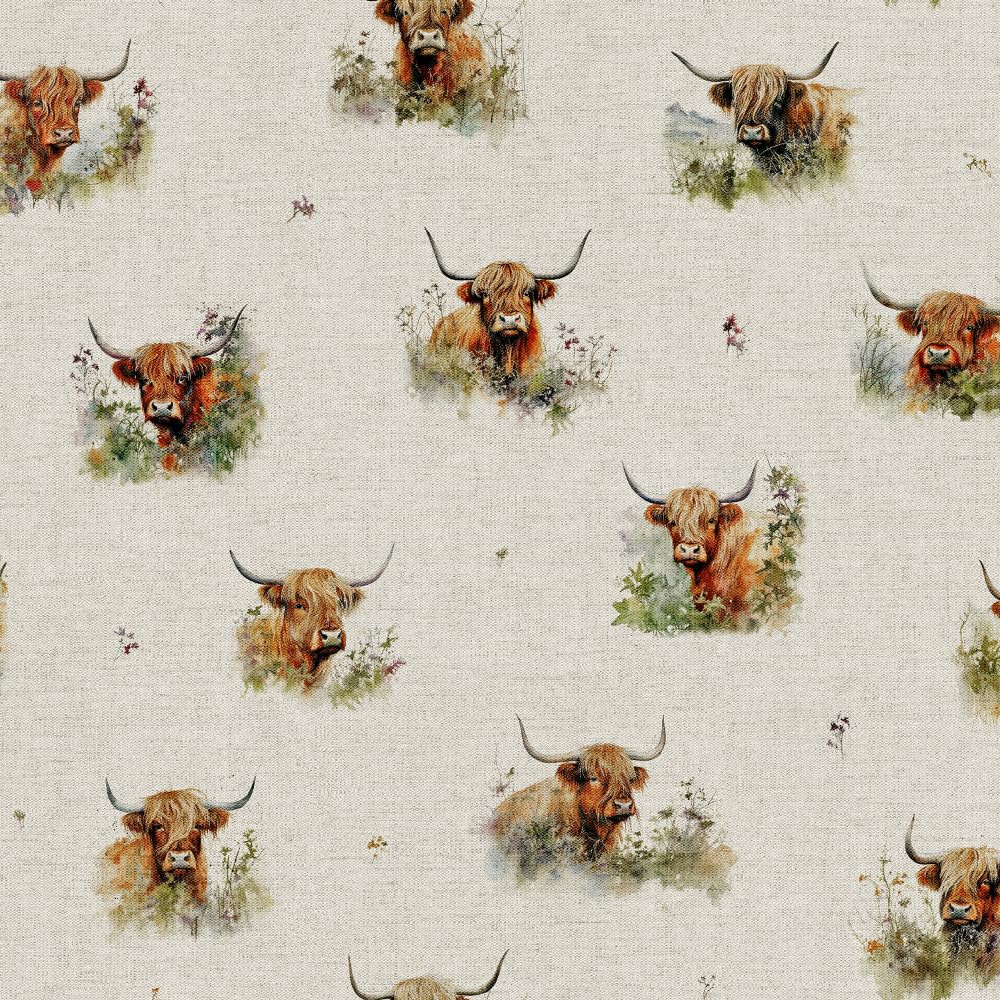 Oh Sew Crafty Limited Multicoloured Cotton Rich Linen Look Fabric Digital Hedgerow Highland Cow Cows Farm 140Cm Wide (Sold Per Metre)