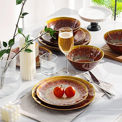 Miniatura 20 de Juego de vajilla de melamina, juego de 12 platos para 4, platos y tazones, para exteriores, apto para lavavajillas, sin BPA (estilo retro) retro