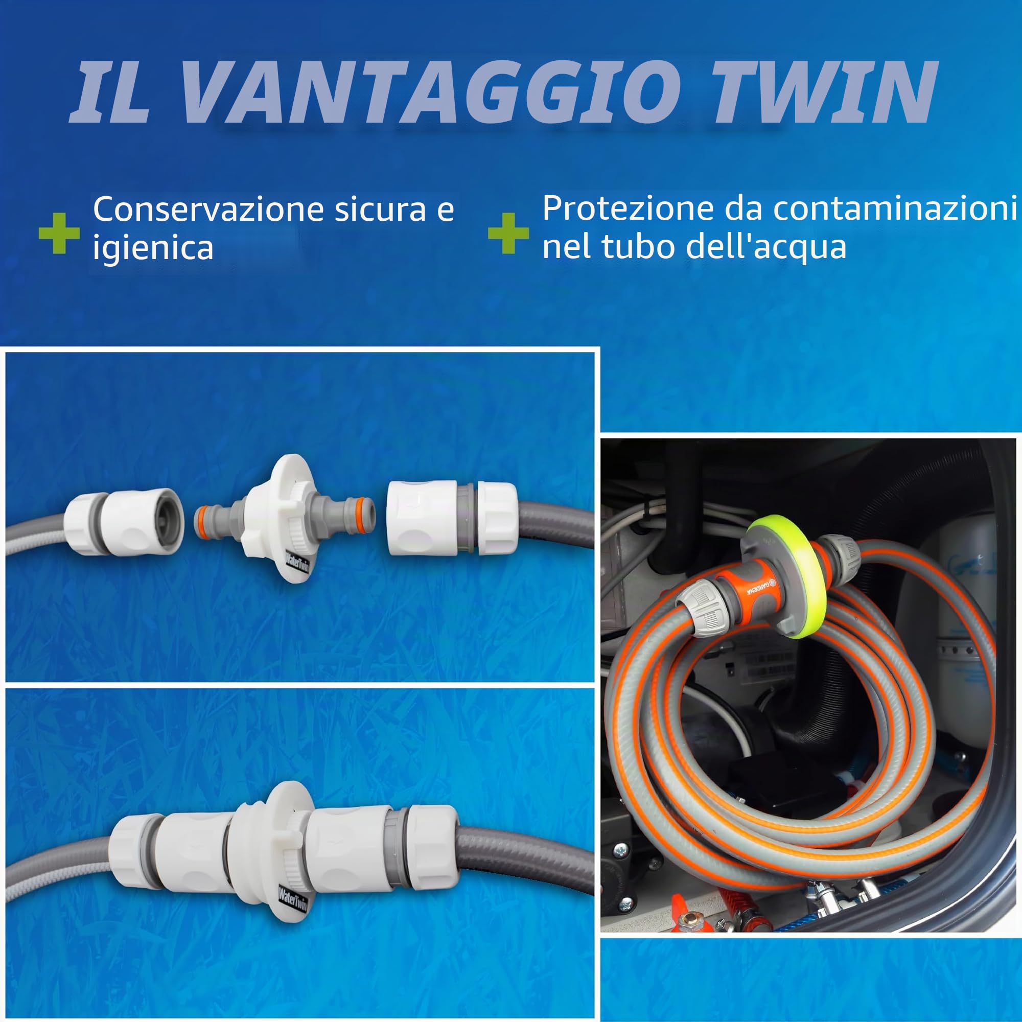 Watertwin Adattatore per il serbatoio dell'acqua per camper, accessori per caravan, tappo per il serbatoio dell'acqua con doppio connettore Gardena (adattatore per tappo del serbatoio a 2 pin D:78)