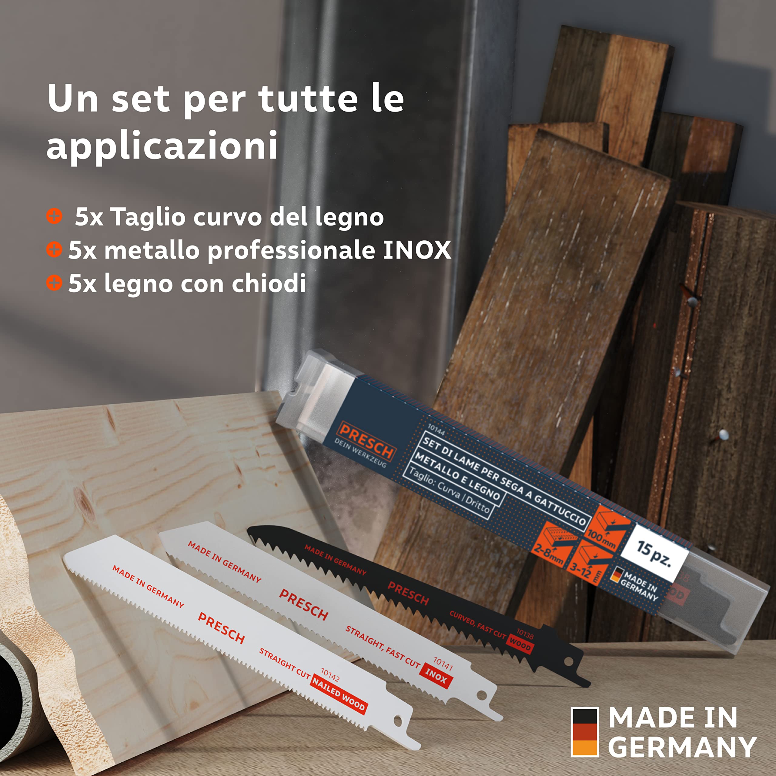Presch Set di lame per sega a gattuccio per legno, metallo e acciaio inox 15 pezzi - Set completo di lame per seghe a gattuccio per ogni applicazione, compresa la scatola