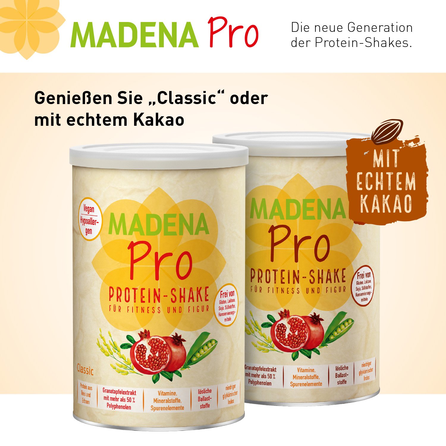MADENA Pro Vegan Protein Pulver – rein pflanzliches Proteinpulver aus Reis u. Erbsen ohne Soja – Eiweißpulver vegan mit hochdosiertem Granatapfelextrakt für deinen Protein-Shake, ohne Zucker