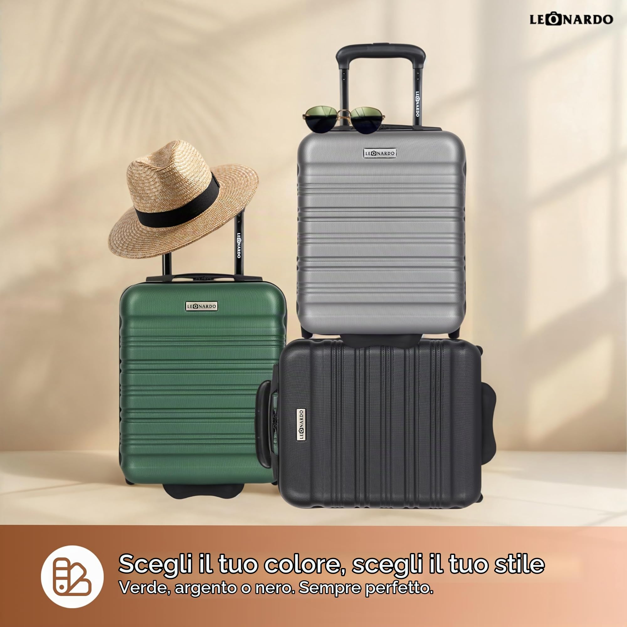 Leonardo® Valigia da Cabina Mini | Trolley Rigido 14 Pollici con Doppie Ruote | Valigia 25 Litri con Manico Trolley e Serratura | Materiale ABS Leggero | Bagaglio a Mano | 20x30x40 cm | Verde