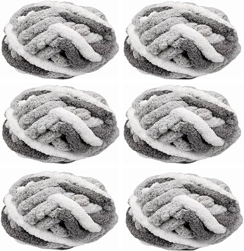 Ovillo de hilo voluminoso para tejer con brazo grueso, 3 libras, color gris y blanco, paquete de 6 unidades, súper suave, grueso, esponjoso, jumbo,
