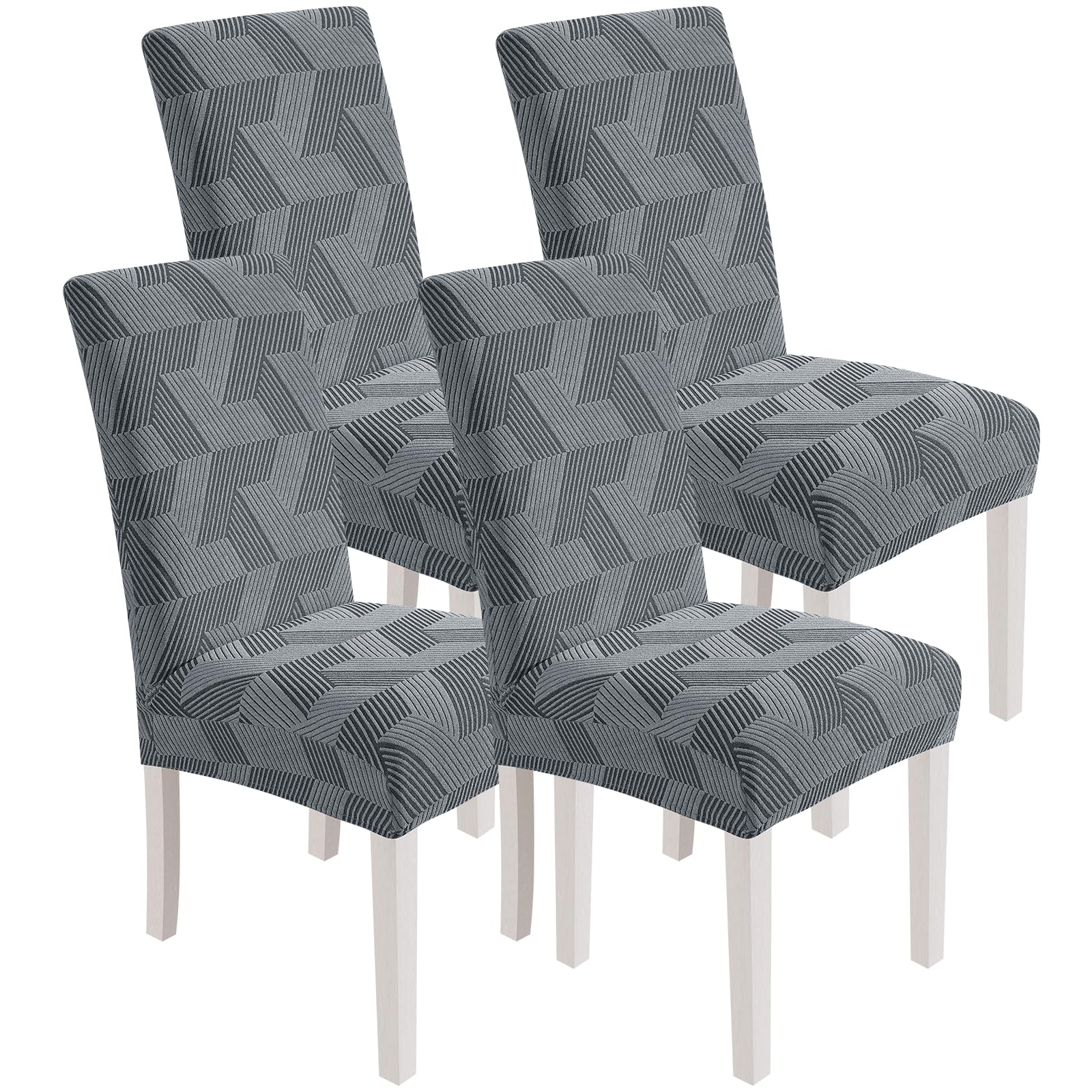 XINEAGE 4 Packs Dining Chair Slipcovers, Geometrical Jacquard Parson Dining Chair Covers, Washable Chair Protectors for Dining Room, Kitchen, Restaurant, Hotel, Light Grey