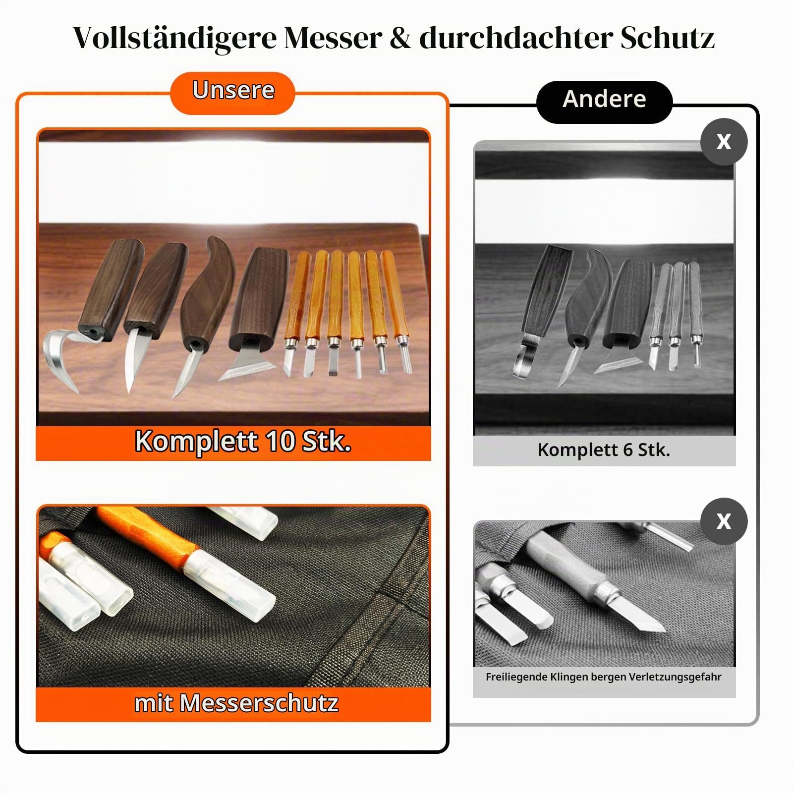 SNAIL GARDEN 23-teiliges Schnitzset für Anfänger mit Messern, Schleifzubehör, 3 Löffelrohlingen & Aufbewahrungstasche – Holz Schnitzwerkzeug Set für Erwachsene