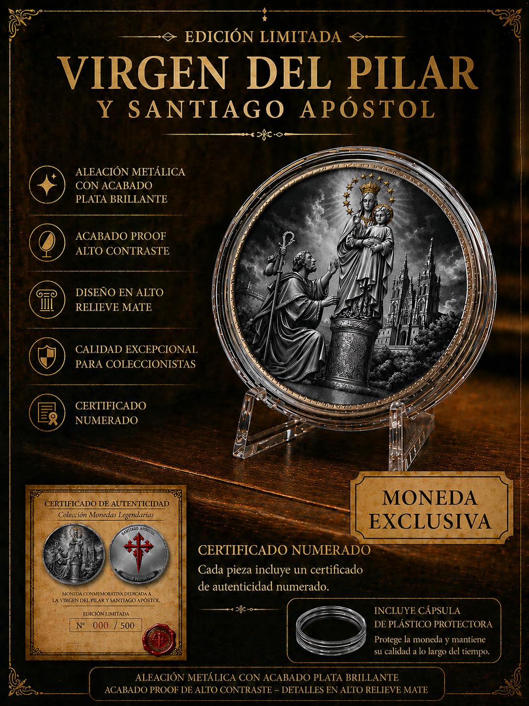 Genérico Moneda Conmemorativa Virgen del Pilar y Santiago Apóstol 2026 – Edición Limitada 500 Piezas – Moneda Coleccionista 40 mm – Acabado Proof Mirror – Certificado Numerado