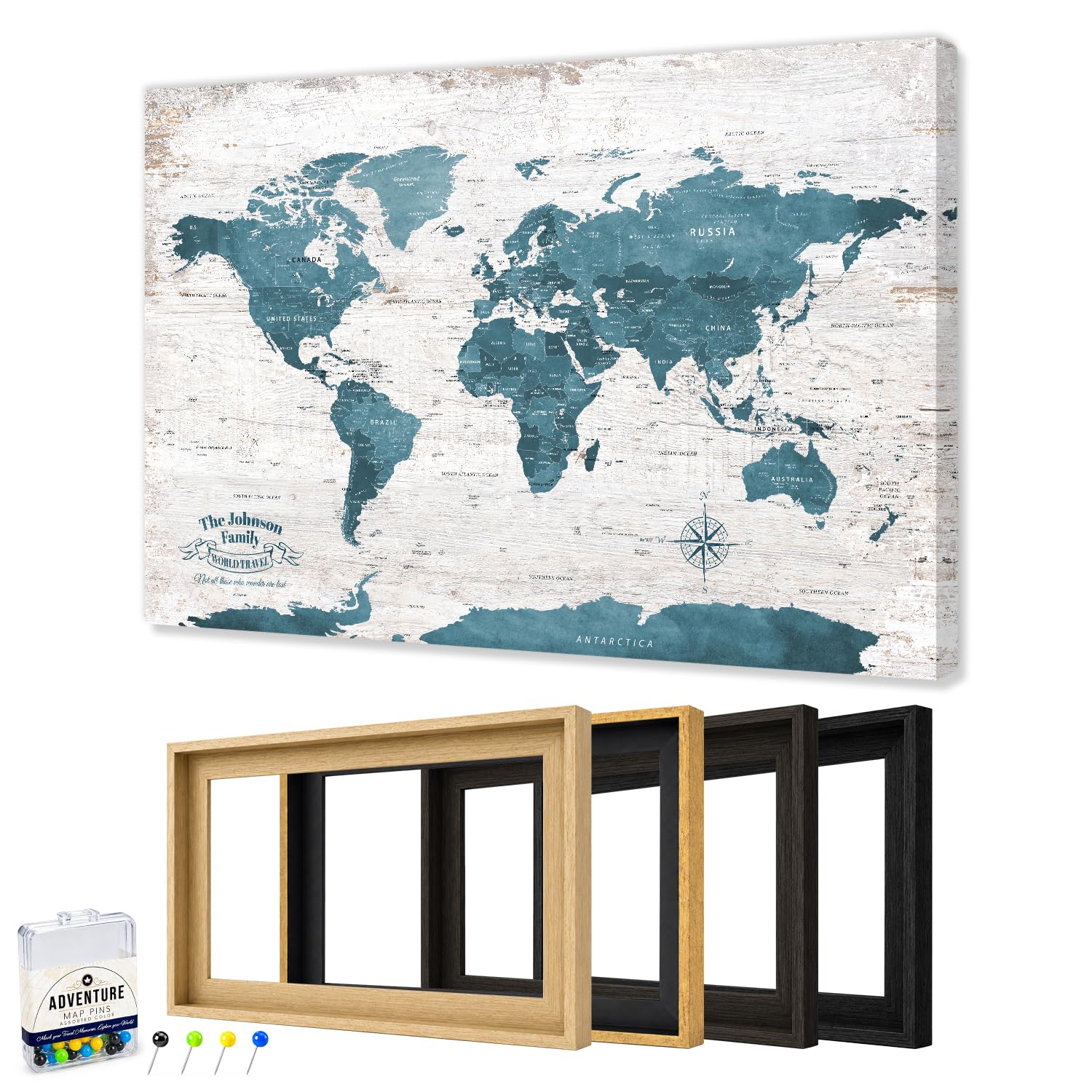 IPIC Personalized Vintage Teal Framed World Map Pin Board, Size 42x28 in
