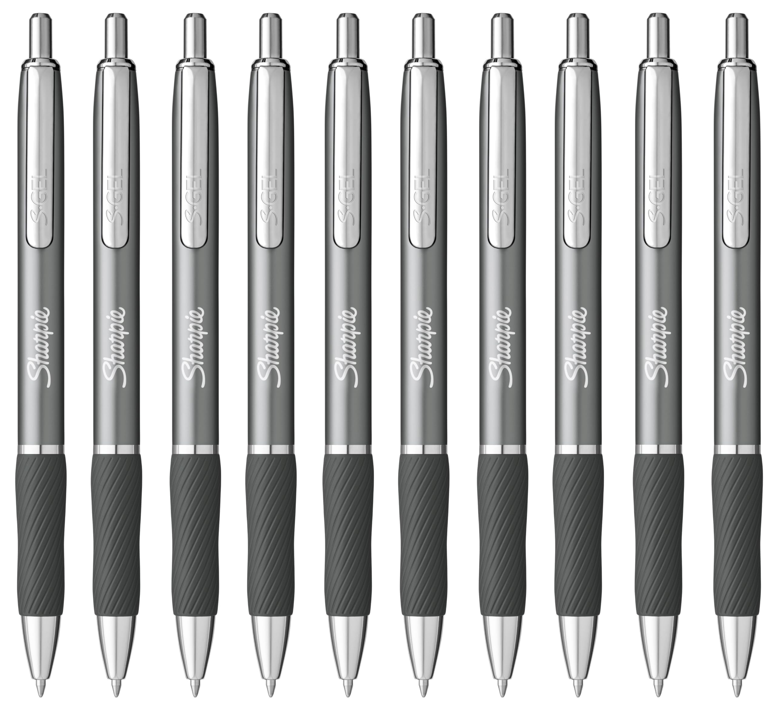 Sharpie S-Gel Pens | Medium Point 0.7mm | Black Ink | Pack of 10 | Metal Barrel Retractable Gel Pens | Steel Gunmetal Grey