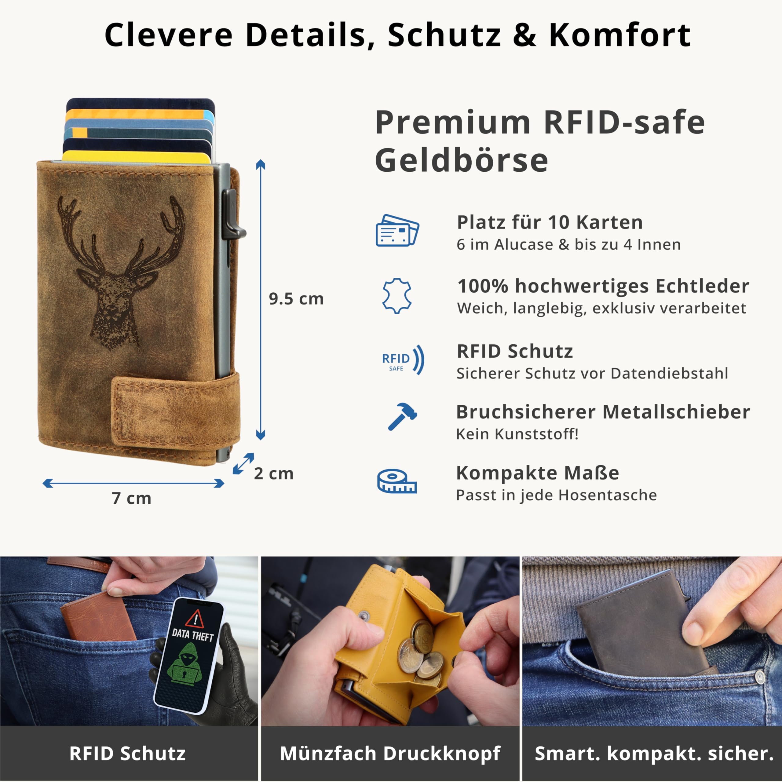 SecWal Kartenetui Prägung Hirsch mit Münzfach Druckknopf inkl. Geschenkbox - Echtleder Mini Geldbörse für Damen und Herren - RFID Schutz Portemonnaie Leder - Geldbeutel Motiv Prägung Hirsch