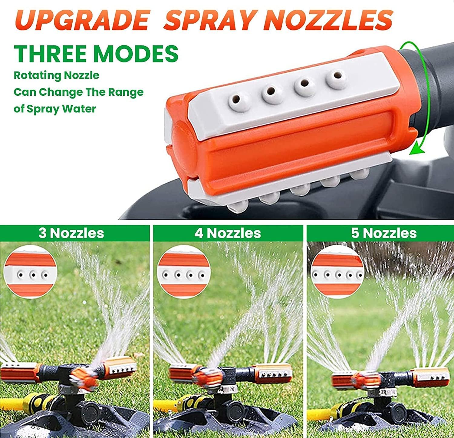 Close-up of the sprinkler's adjustable spray nozzles showing 3, 4, and 5-hole spray patterns