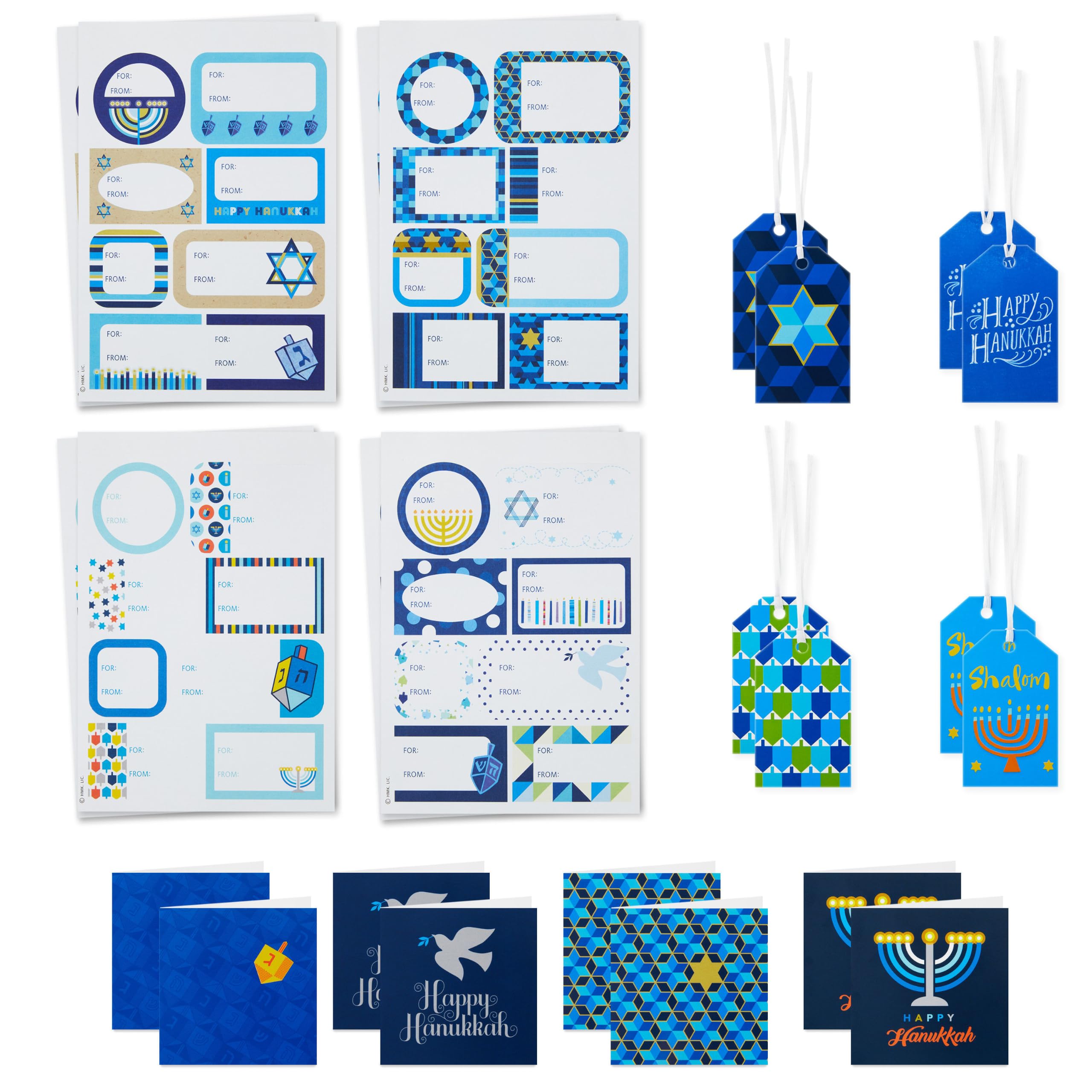 Hallmark Baum des Lebens Hanukkah Geschenkanhänger mit Band, Aufkleber-Siegeln, und Mini-Notizkarten (Davidstern, Menora, Dreidel, Blau, Gold, Orange) für Geschenktüten und verpackte Geschenke